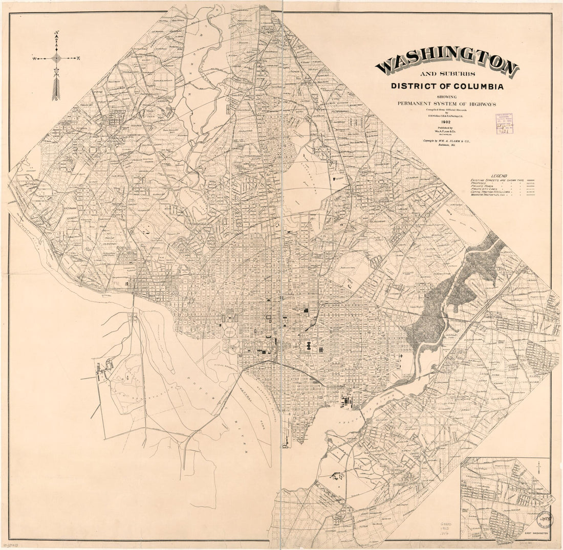 This old map of Washington and Suburbs, District of Columbia, Showing Permanent System of Highways from 1902 was created by F. A. Perley, F. R. Weller, Wm. A. Flamm & Co in 1902