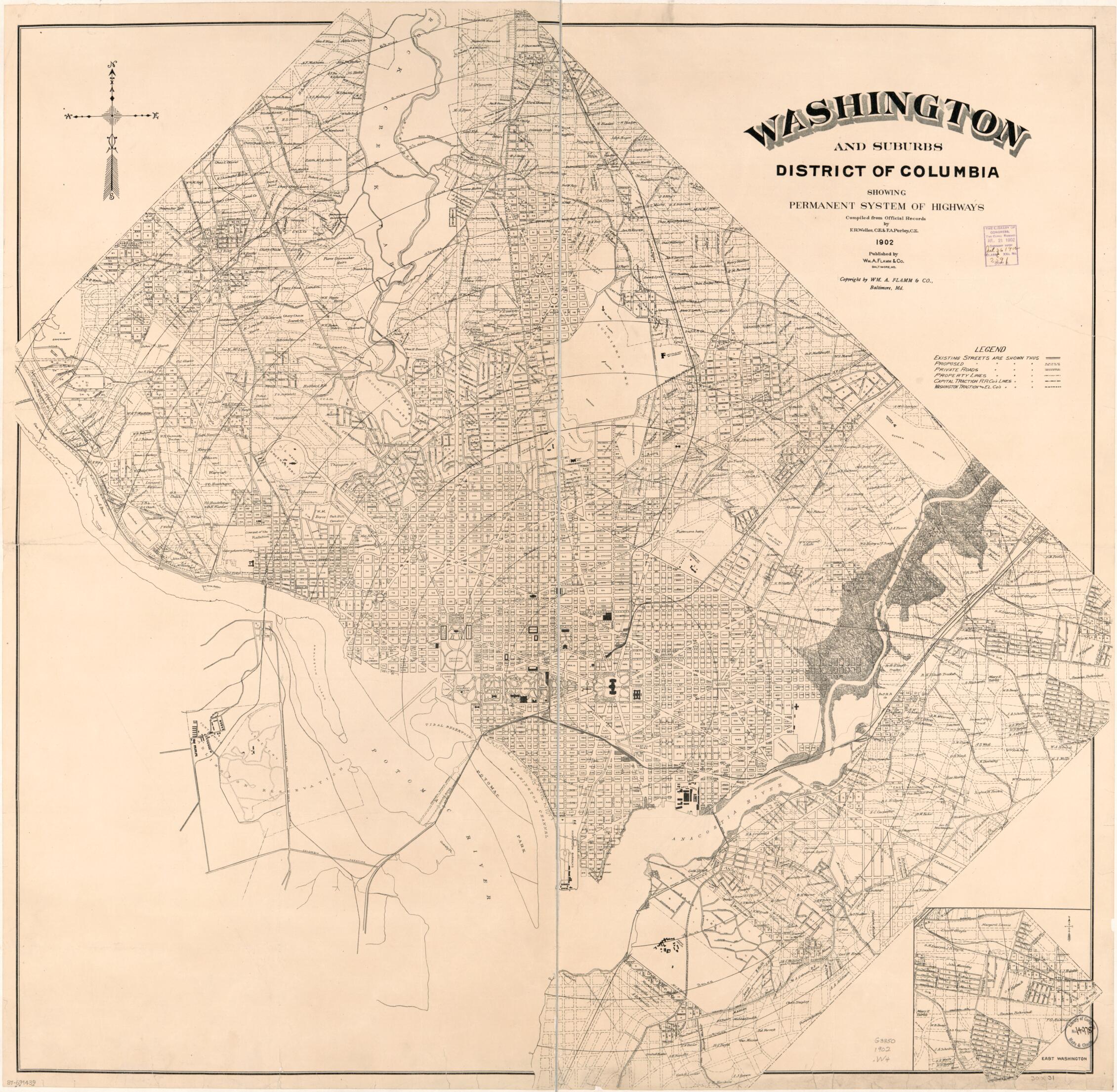 This old map of Washington and Suburbs, District of Columbia, Showing Permanent System of Highways from 1902 was created by F. A. Perley, F. R. Weller, Wm. A. Flamm & Co in 1902