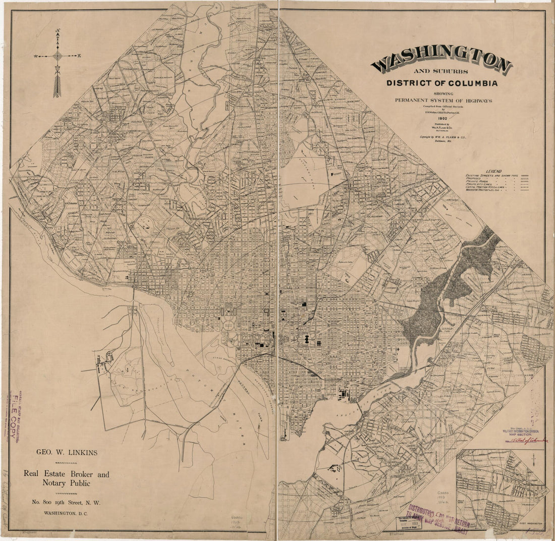 This old map of Washington and Suburbs, District of Columbia, Showing Permanent System of Highways from 1902 was created by F. A. Perley, F. R. Weller, Wm. A. Flamm & Co in 1902