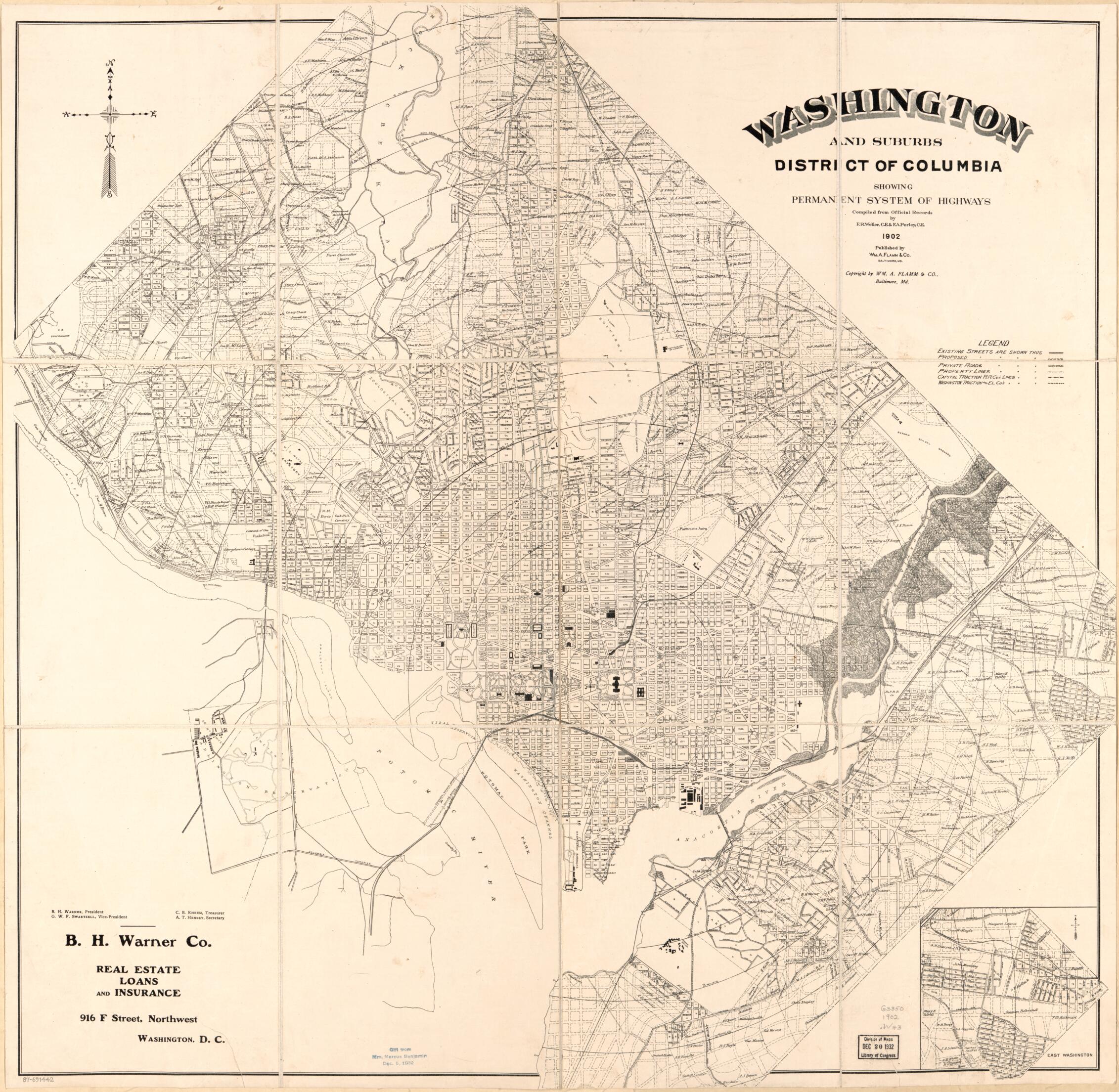 This old map of Washington and Suburbs, District of Columbia, Showing Permanent System of Highways from 1902 was created by F. A. Perley, F. R. Weller, Wm. A. Flamm & Co in 1902
