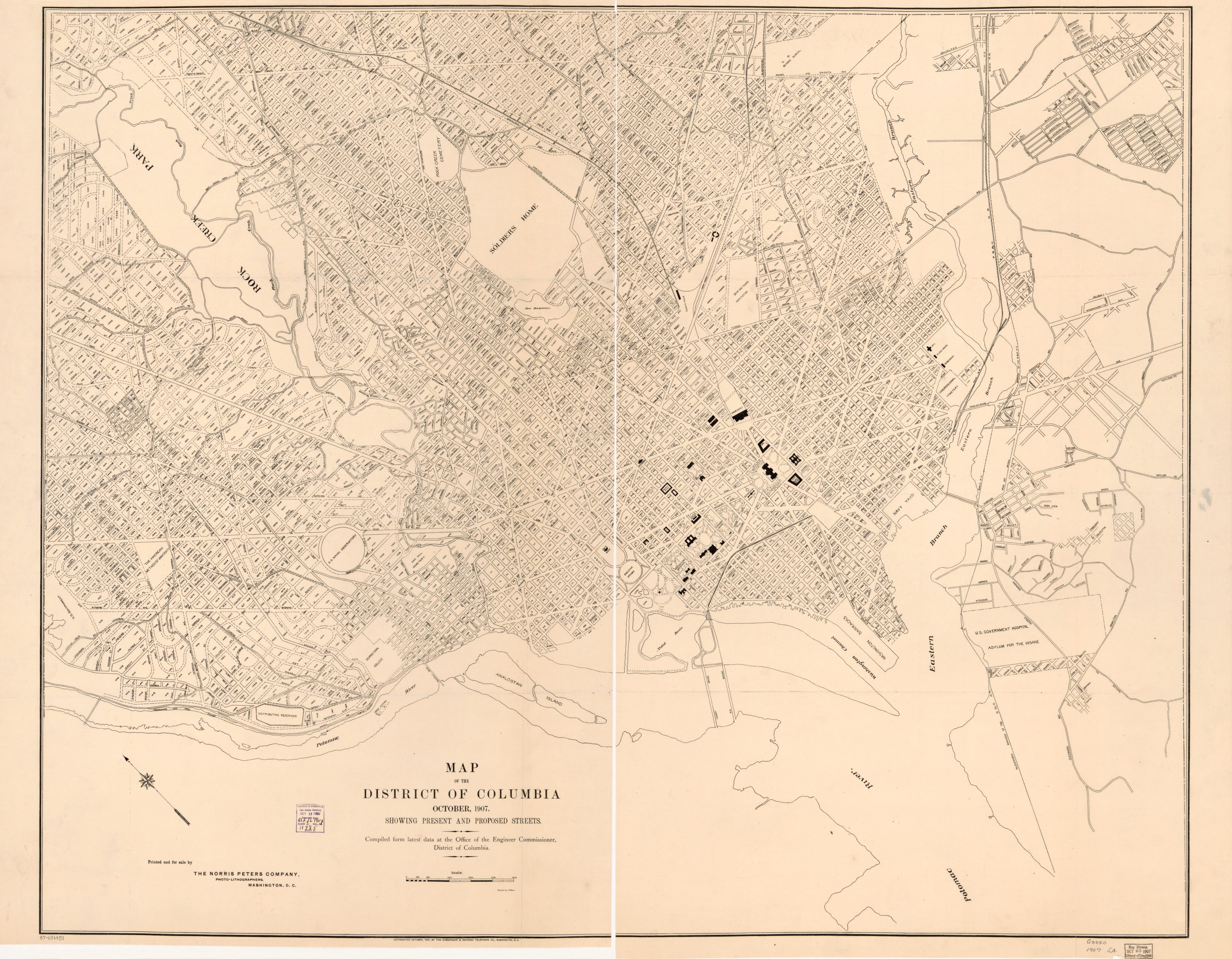 This old map of Map of the District of Columbia, October from 1907 : Showing Present and Proposed Streets : Compiled Form sic Latest Data at the Office of the Engineer Commissioner, District of Columbia was created by Chesapeake and Potomac Telephone Co