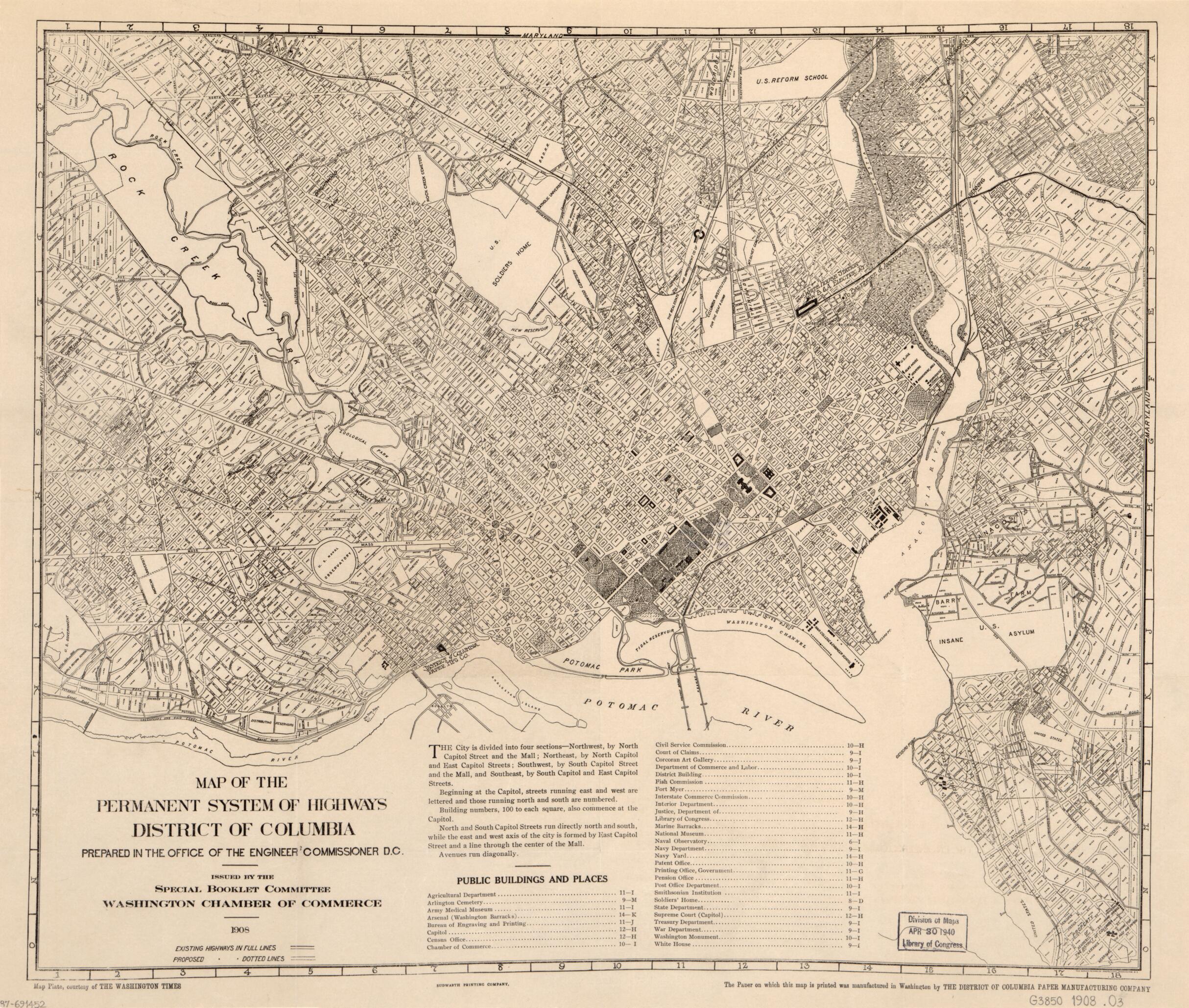 This old map of Map of the Permanent System of Highways, District of Columbia from 1908 was created by Norris Peters Co, Office of the Engineer Commissioner D.C., Washington Chamber of Commerce (D.C.). Special Booklet Committee in 1908