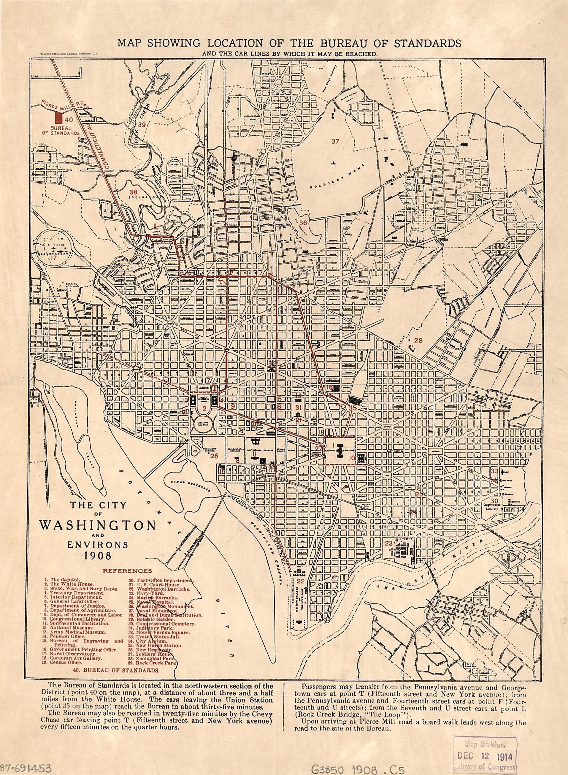 This old map of The City of Washington and Environs : from 1908 was created by Eckert Lithographing Company, United States. National Bureau of Standards in 1908