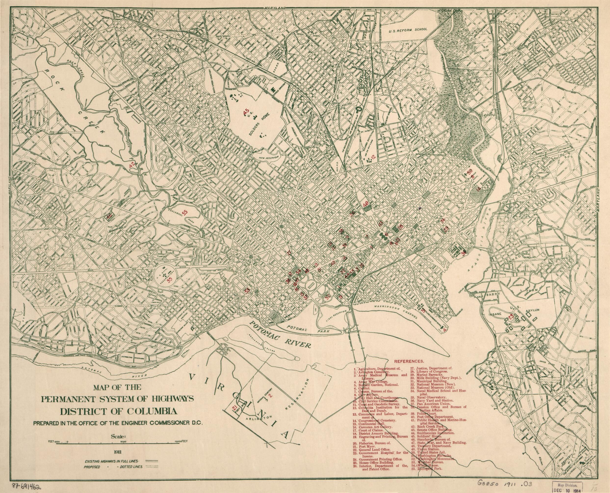 This old map of Map of the Permanent System of Highways, District of Columbia from 1911 was created by  Office of the Engineer Commissioner D.C. in 1911