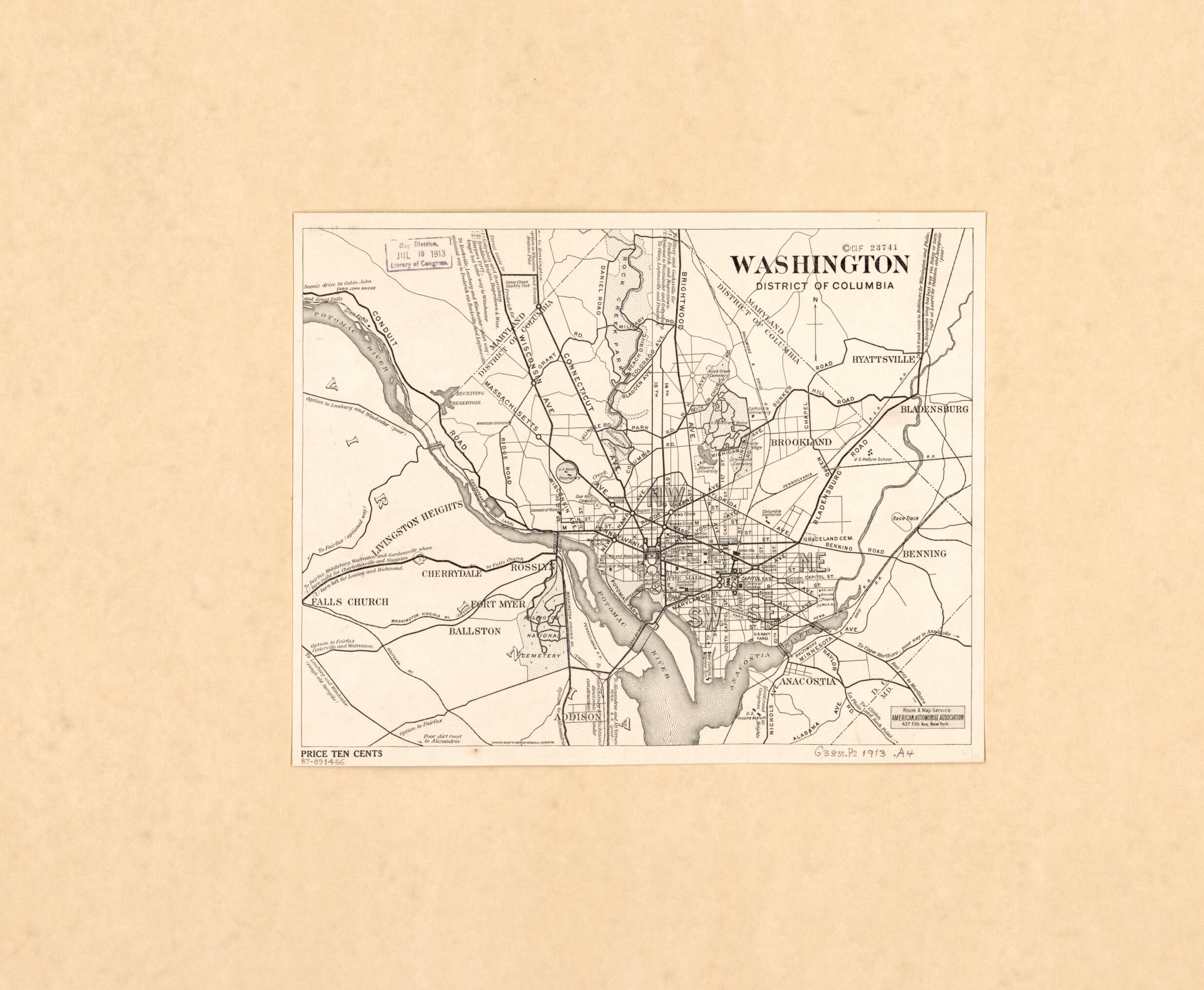 This old map of Washington, District of Columbia from 1913 was created by American Automobile Association. Route & Map Service in 1913
