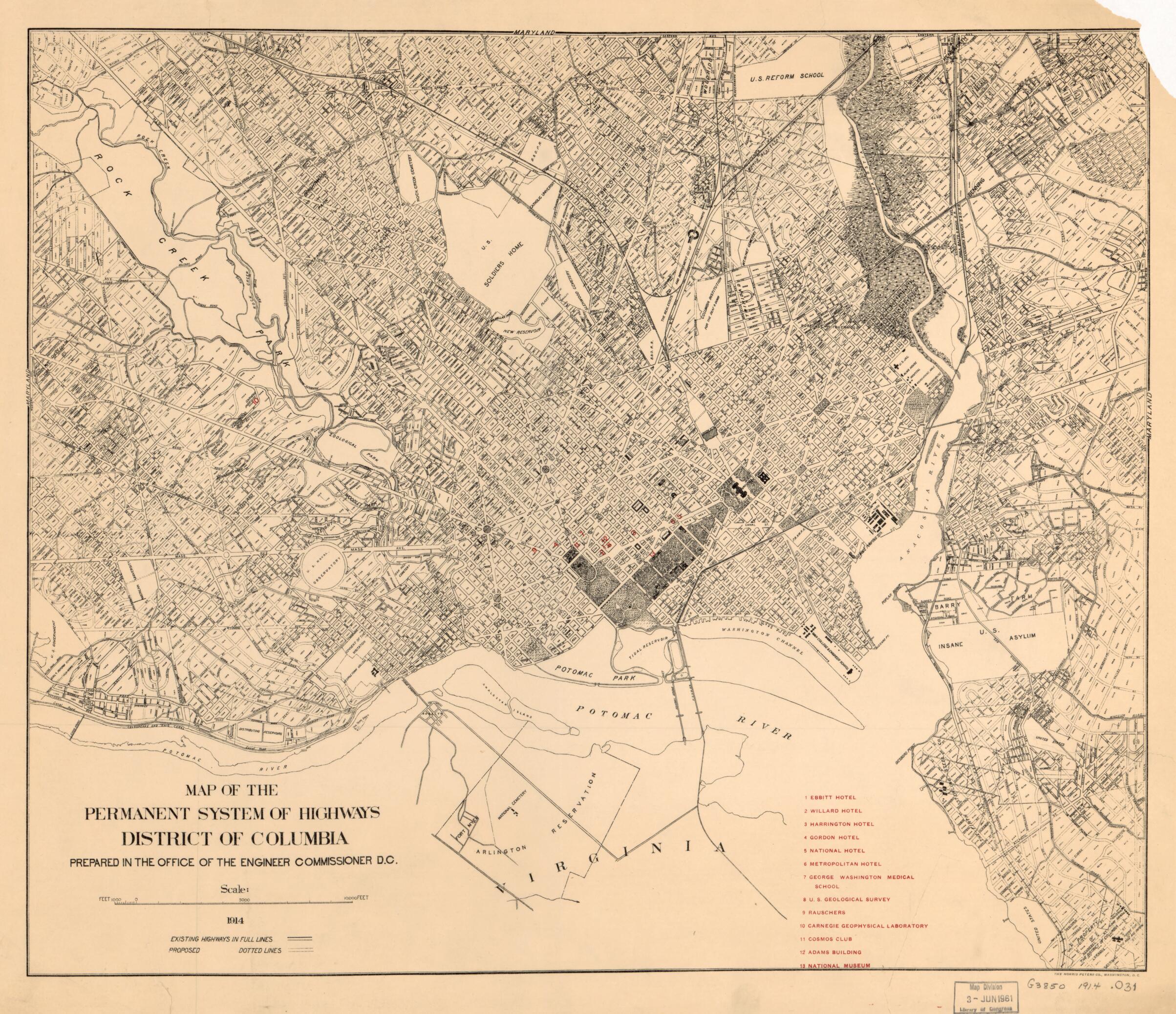This old map of Map of the Permanent System of Highways, District of Columbia from 1914 was created by Norris Peters Co, Office of the Engineer Commissioner D.C. in 1914