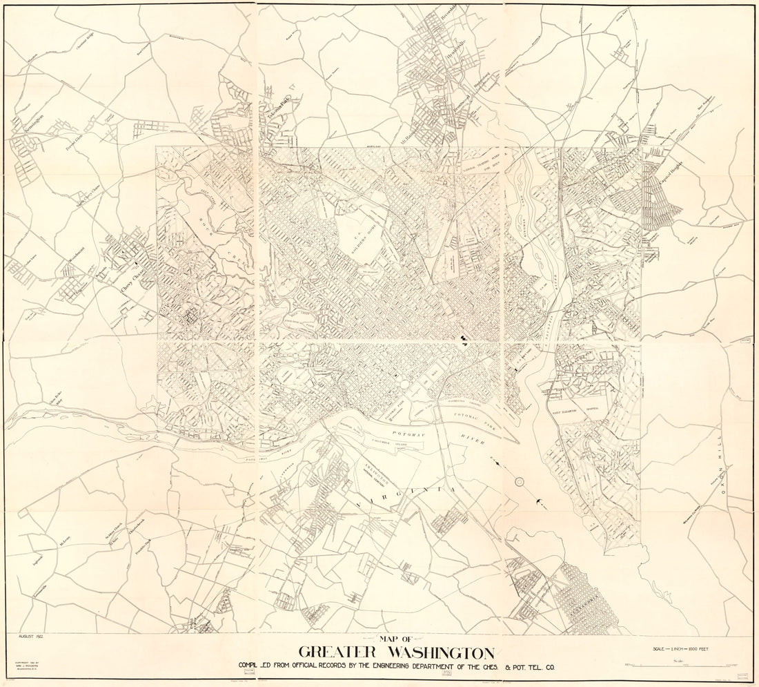 This old map of Map of Greater Washington from 1922 was created by Chesapeake and Potomac Telephone Company. Engineering Department, Wm. J. (William J.) Rogers in 1922