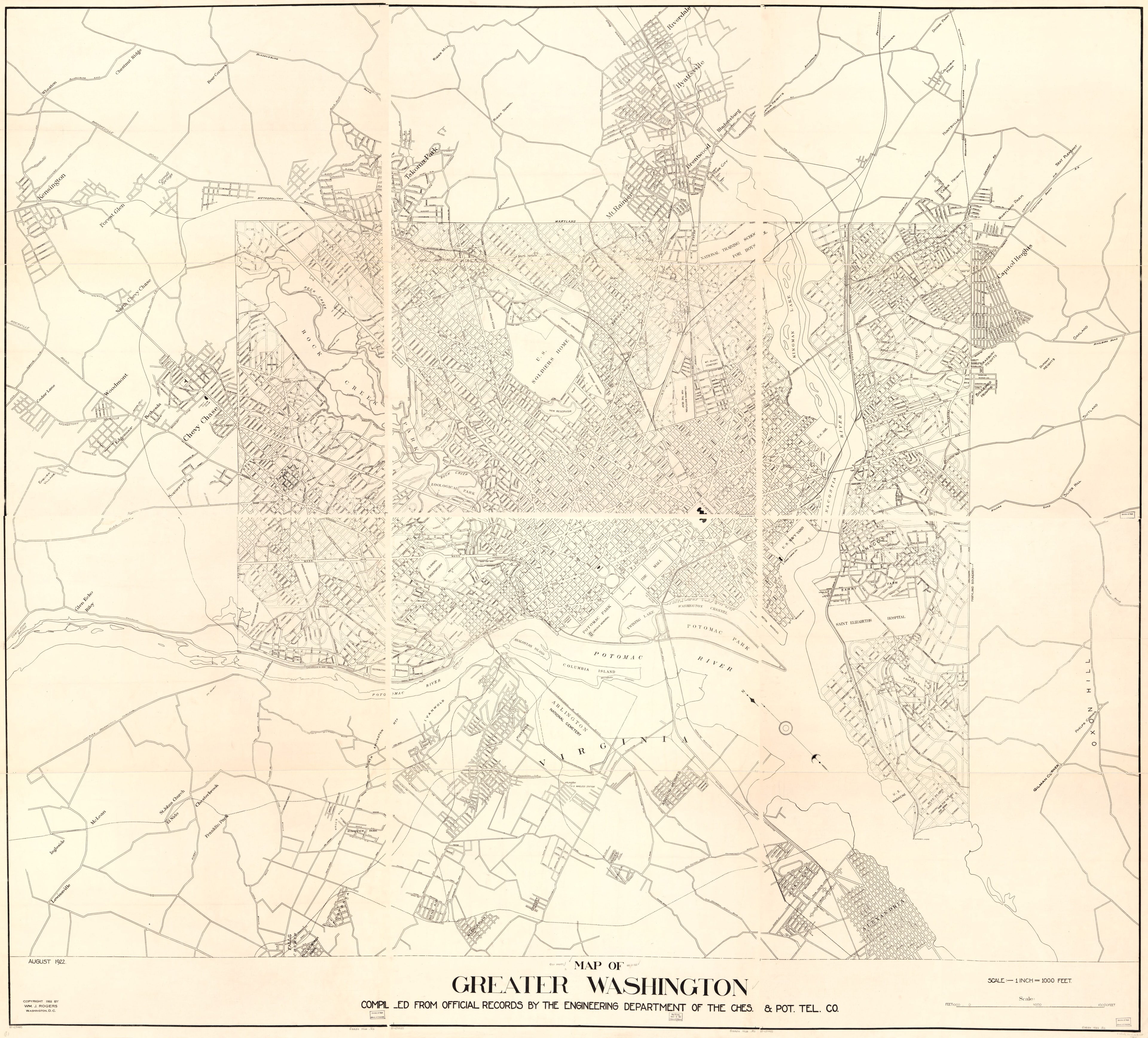 This old map of Map of Greater Washington from 1922 was created by Chesapeake and Potomac Telephone Company. Engineering Department, Wm. J. (William J.) Rogers in 1922