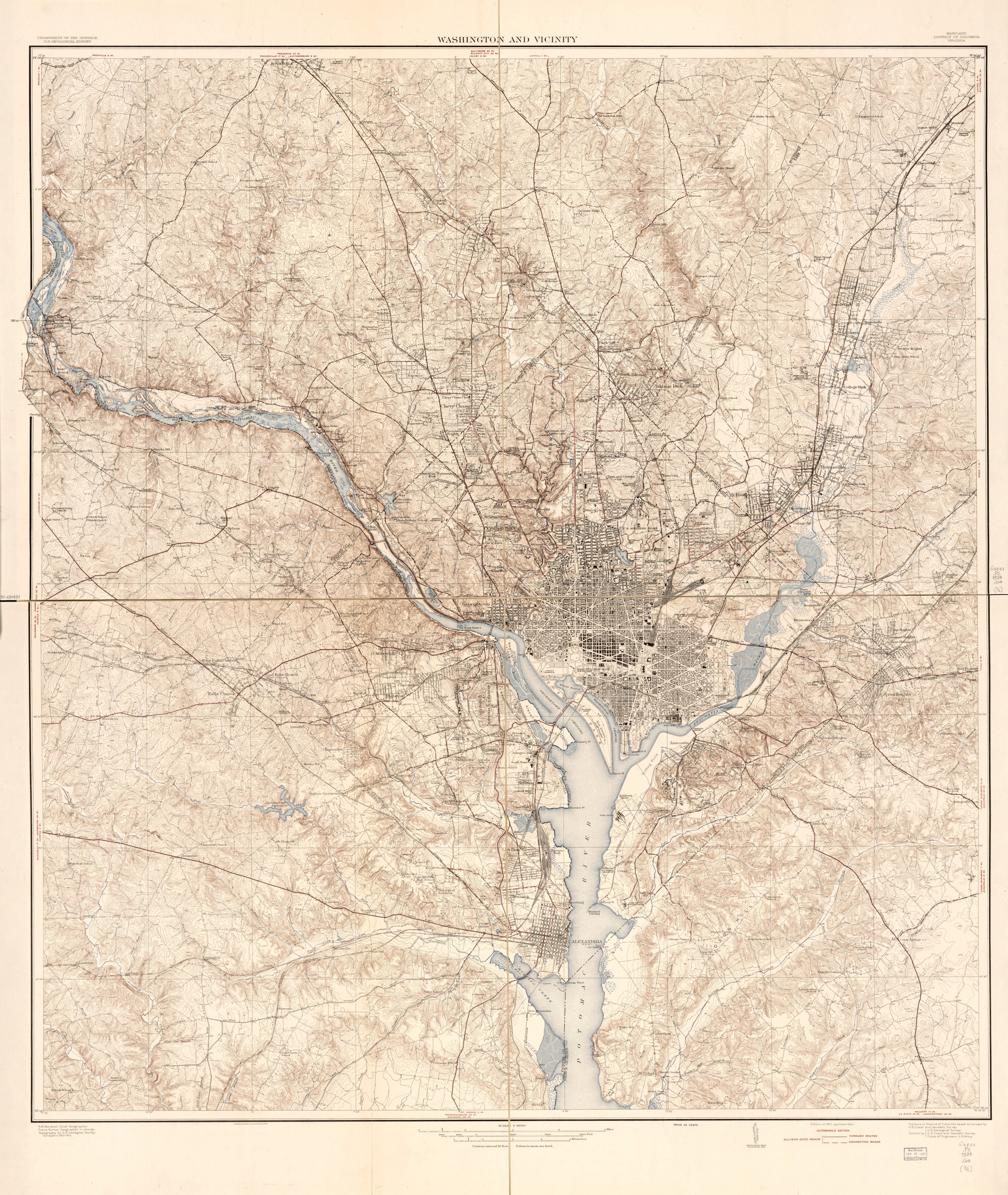 This old map of Washington and Vicinity, Maryland, District of Columbia, Virginia from 1924 was created by Geological Survey (U.S.), R. B. (Robert Bradford) Marshall, Frank Sutton in 1924