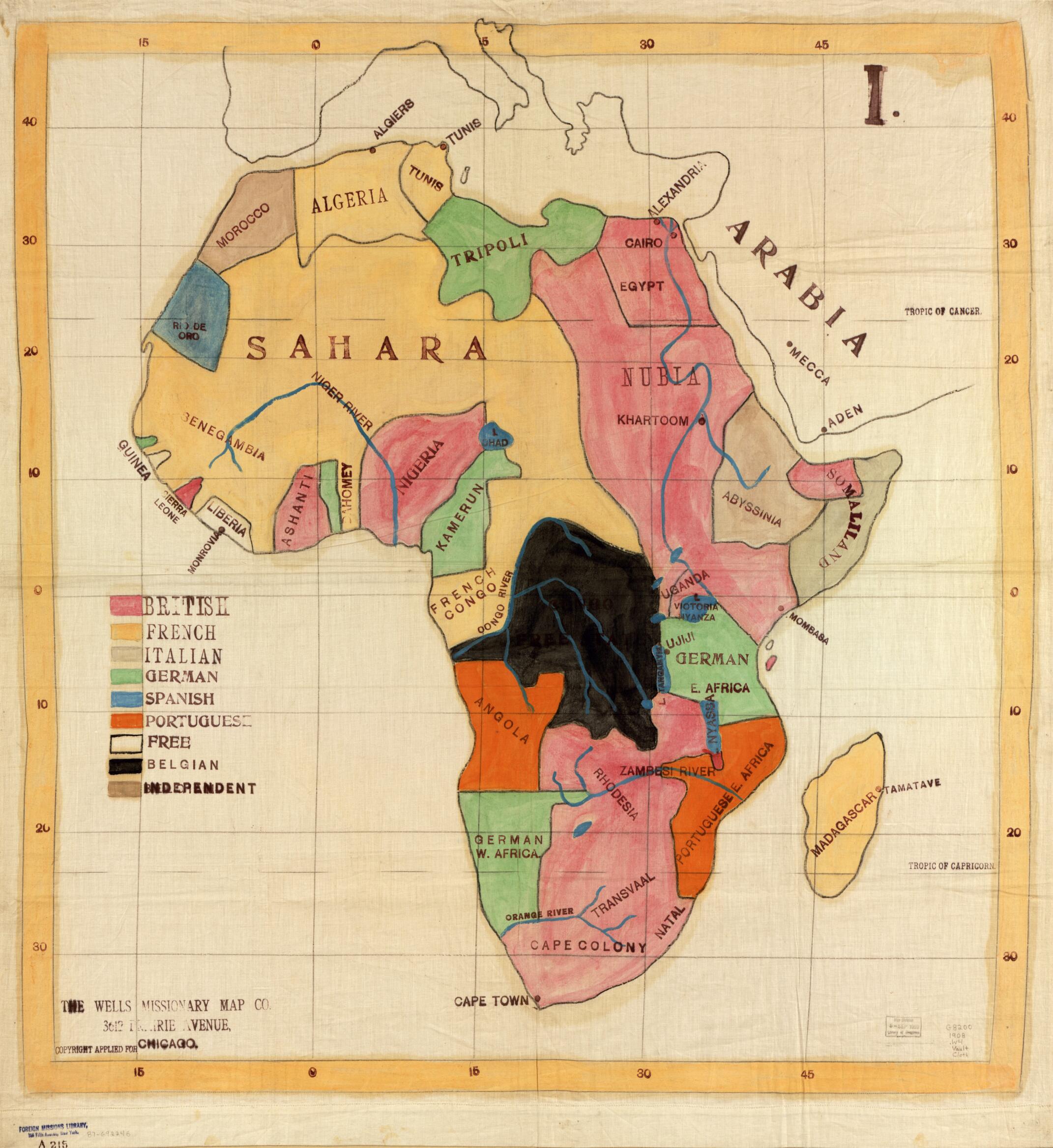 This old map of Africa from 1908 was created by Wells Missionary Map Co in 1908