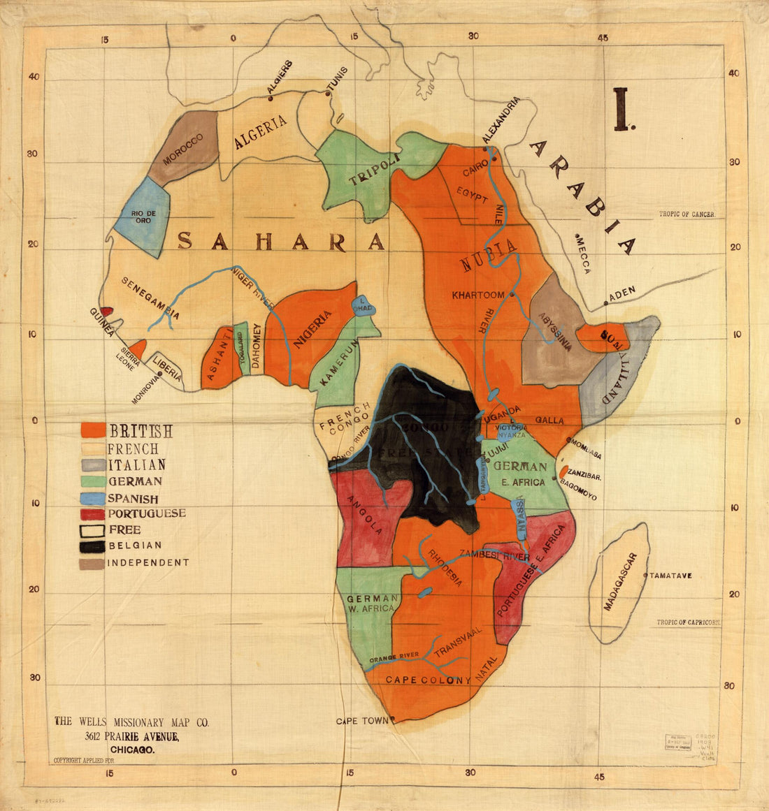 This old map of Africa from 1908 was created by Wells Missionary Map Co in 1908