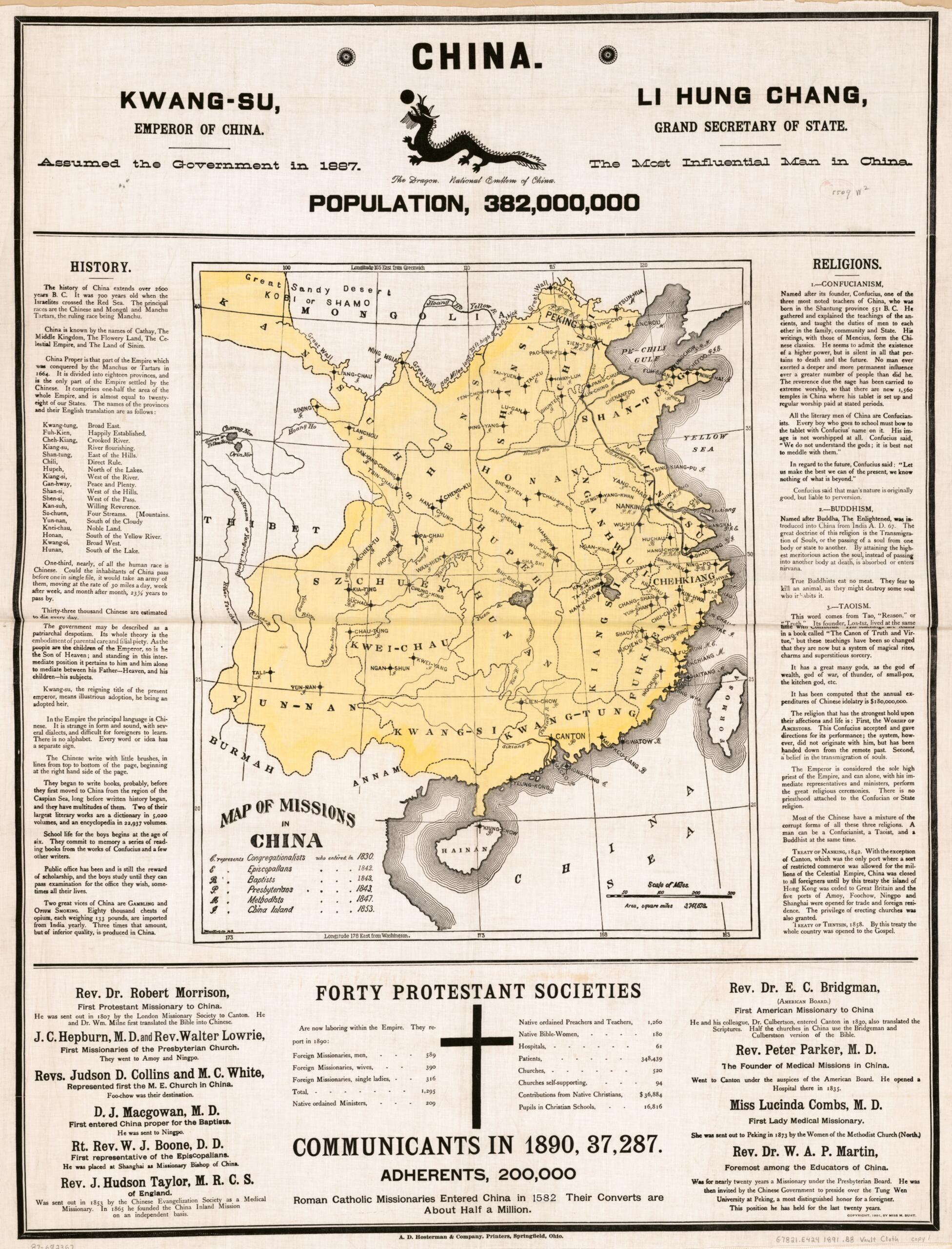 This old map of Map of Missions In China from 1891 was created by A.D. Hosterman & Company, M. Burt in 1891