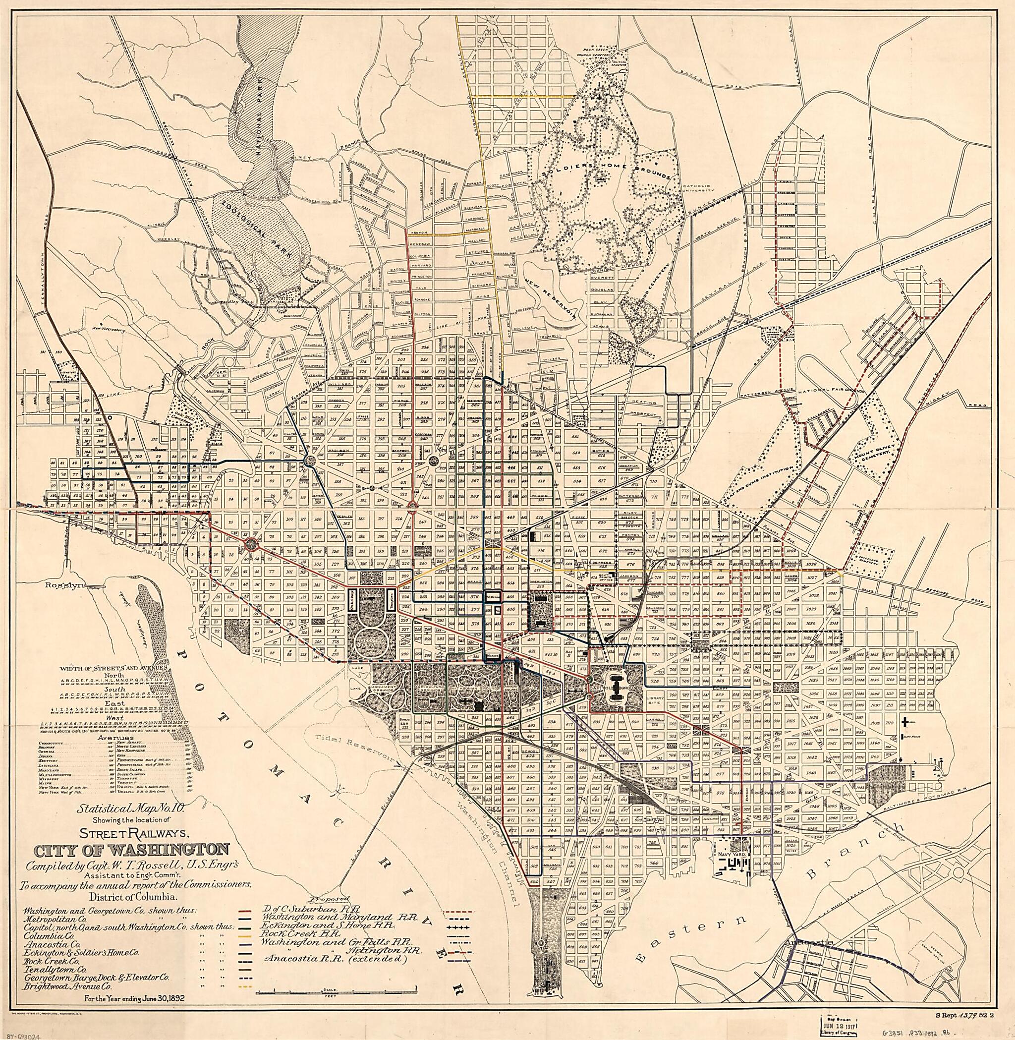 This old map of Statistical Map No. 10 Showing the Location of Street Railways, City of Washington from 1892 was created by Norris Peters Co, Office of the Engineer Commissioner D.C., W. T. (William Trent) Rossell in 1892