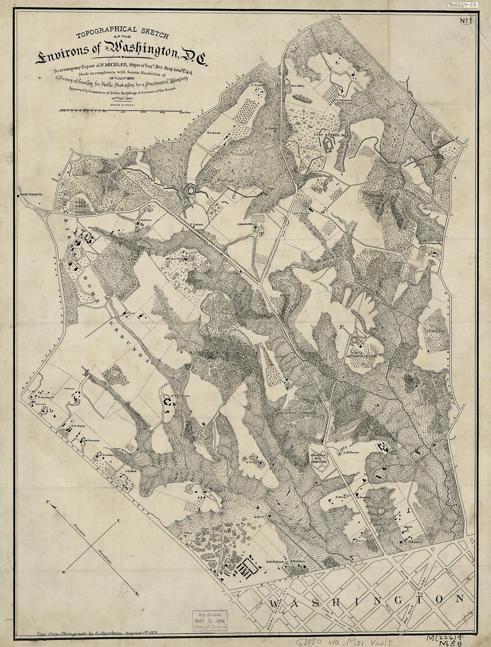 This old map of Topographical Sketch of the Environs of Washington, D.C. : (survey of Locality for Public Park & Site for a Presidential Mansion) from 1871 was created by Samuel Bootes, C. Jacobsen, N. (Nathaniel) Michler, United States. Congress. Senat