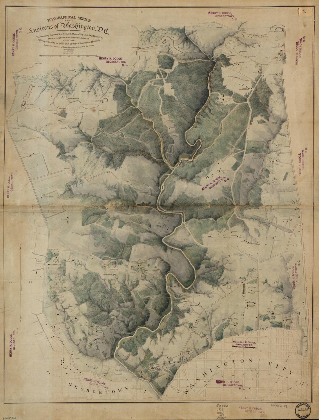 This old map of Topographical Sketch of the Environs of Washington, D.C. : (survey of Locality for Public Park & Site for a Presidential Mansion) from 1867 was created by N. (Nathaniel) Michler, United States. Congress. Senate. Committee on Public Build