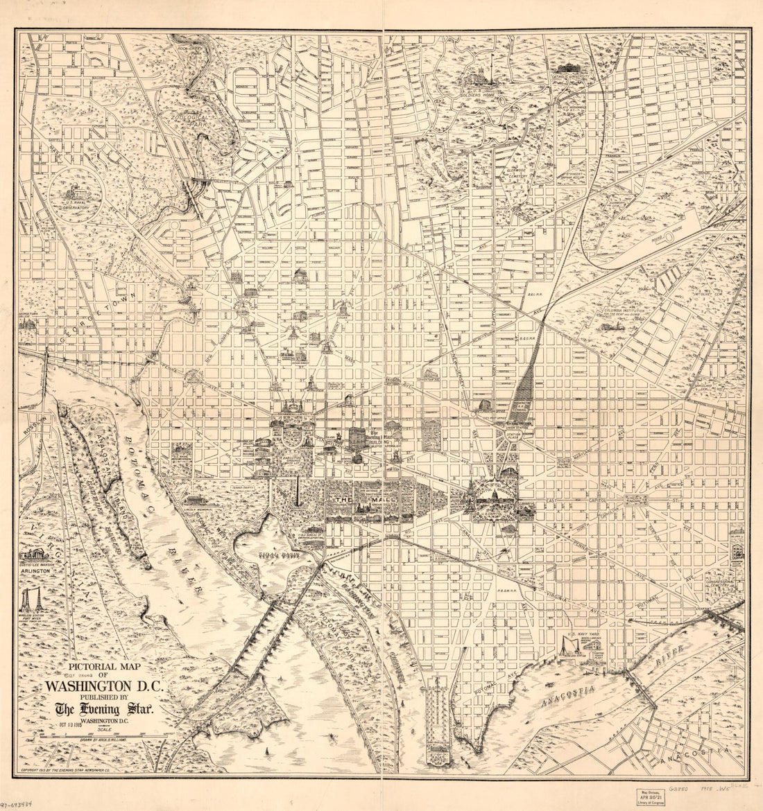 This old map of Pictorial Map of Washington D.C from 1915 was created by Evening Star Newspaper Co, Arch. B. Williams in 1915