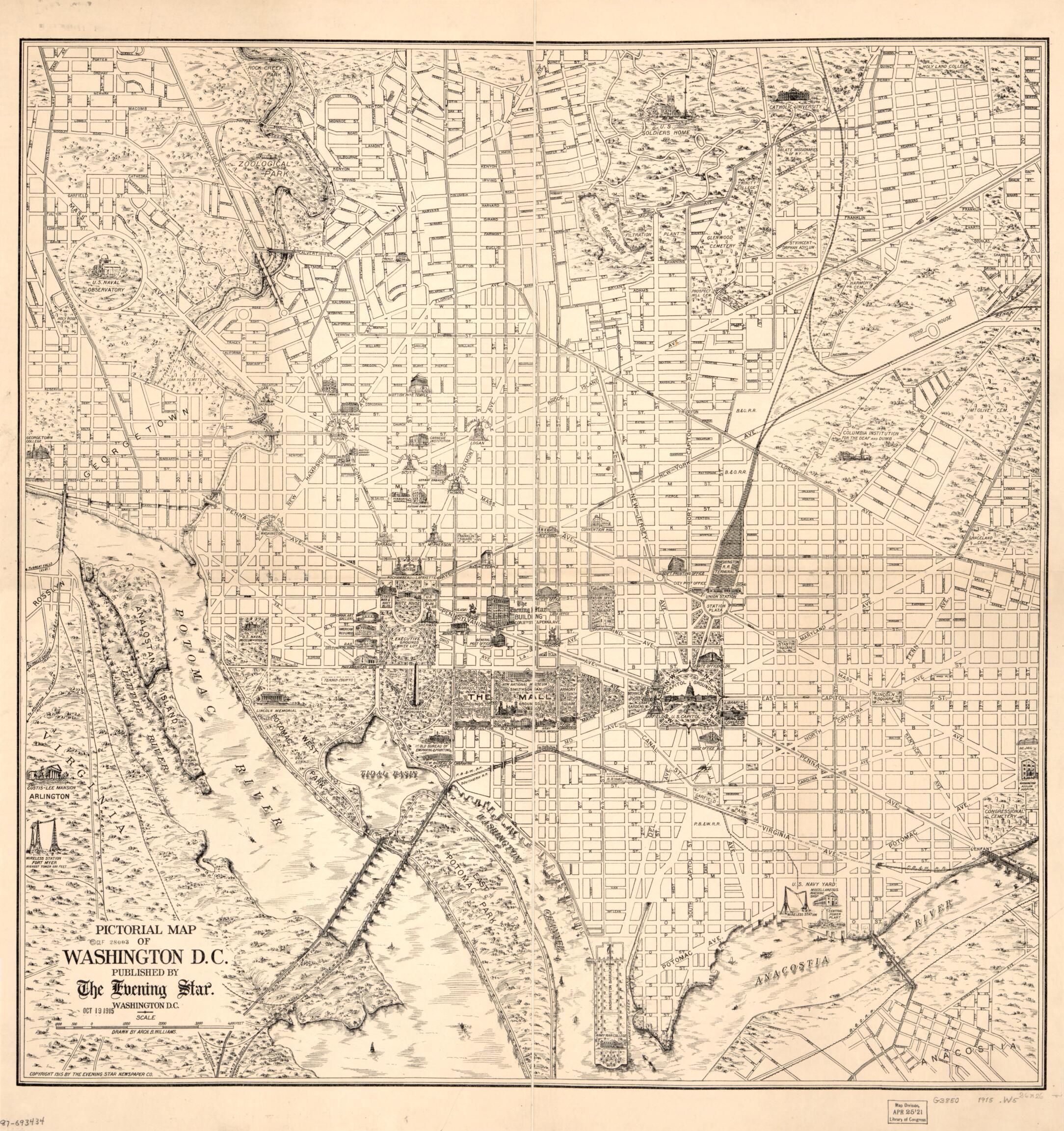 This old map of Pictorial Map of Washington D.C from 1915 was created by Evening Star Newspaper Co, Arch. B. Williams in 1915