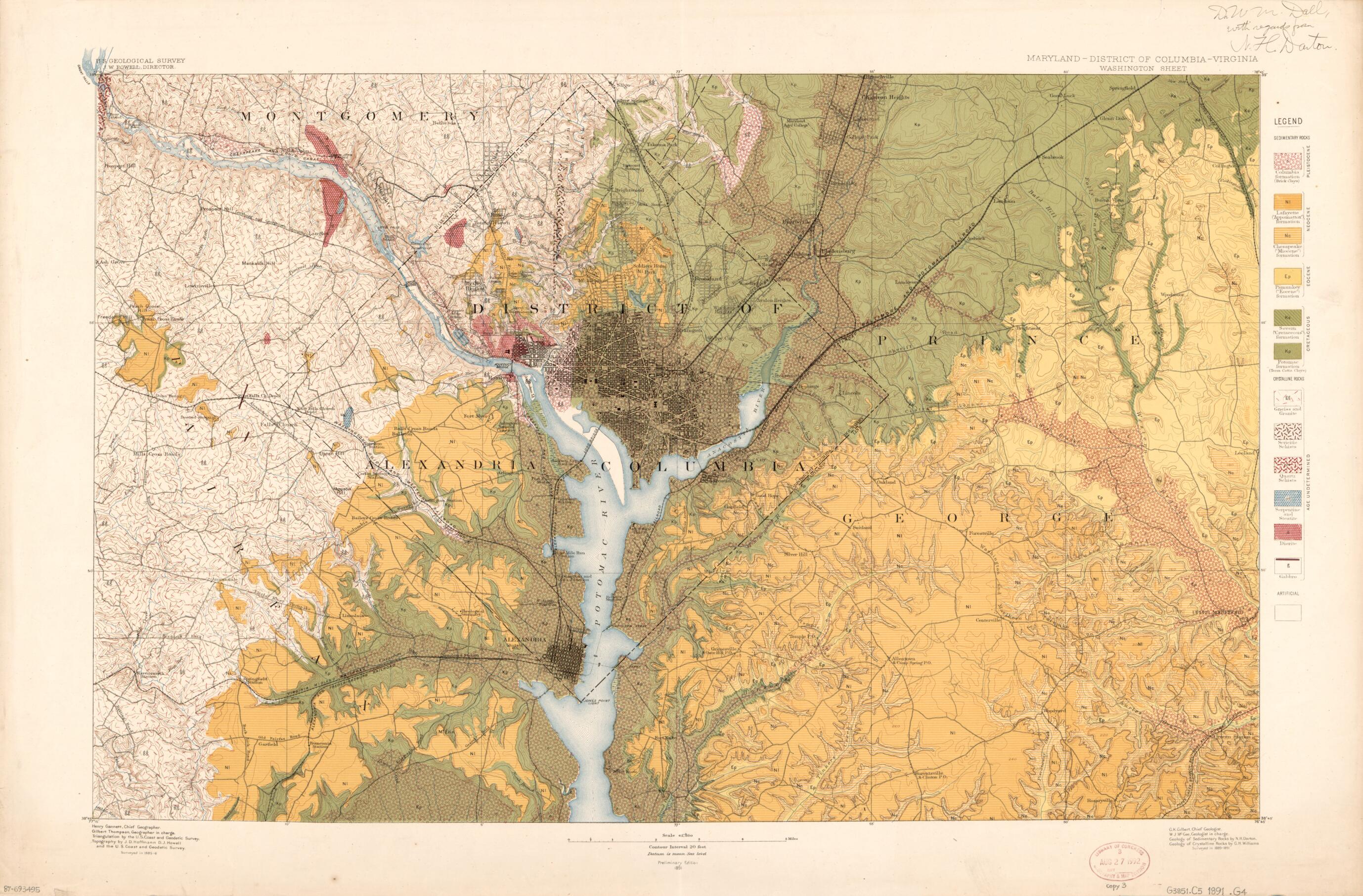 This old map of -District of Columbia--Virginia, Washington Sheet from 1891 was created by Nelson Horatio Darton, Geological Survey (U.S.), Grove Karl Gilbert, W J McGee, George Huntington Williams in 1891
