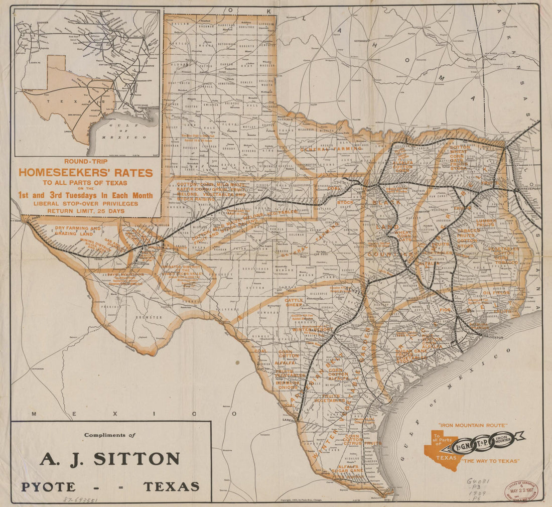 This old map of I. & G.N., T.& P. : Iron Mountain : the Way to Texas from 1909 was created by Poole Brothers in 1909