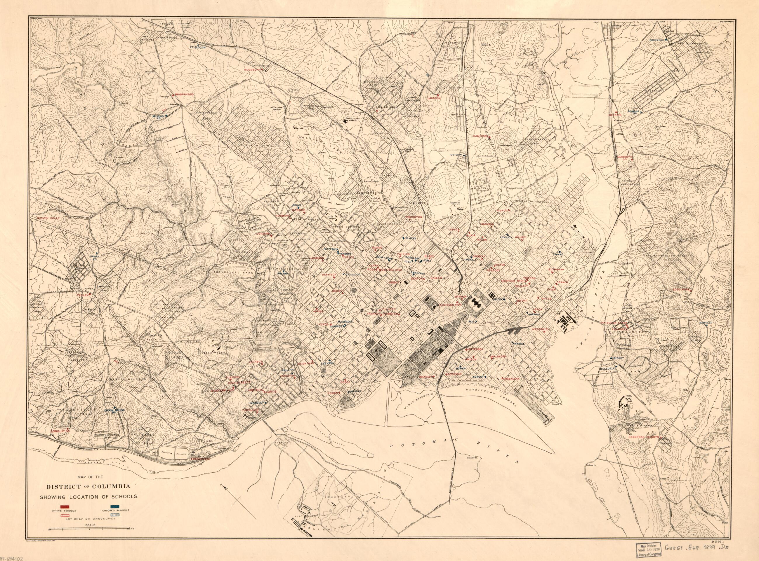 This old map of Map of the District of Columbia Showing Location of Schools from 1899 was created by A. Hoen & Co, District of Columbia in 1899