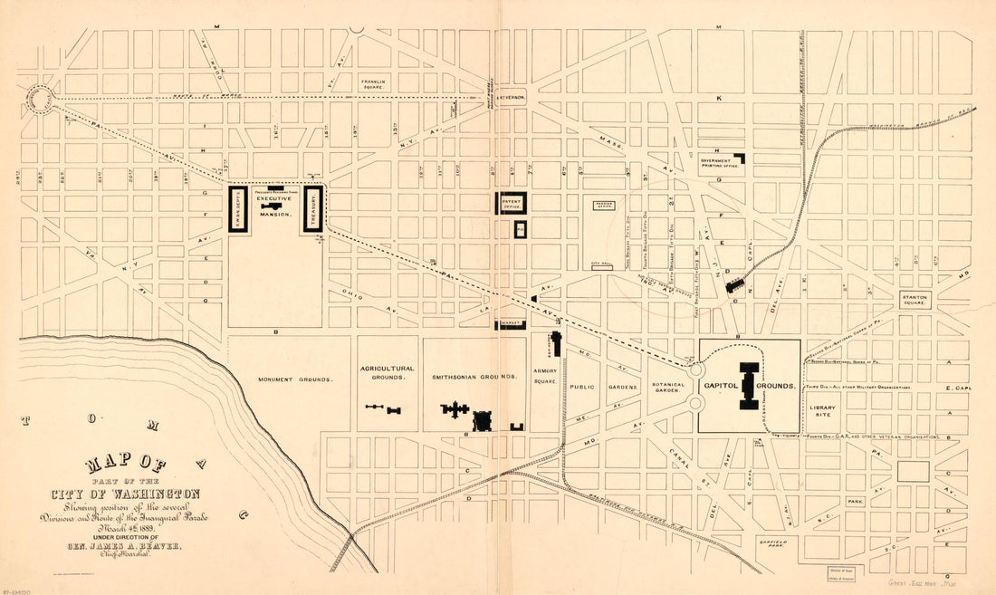 This old map of Map of Part of the City of Washington Showing Position of the Several Divisions and Route of the Inaugural Parade, March 4th from 1889 : Under Direction of Gen. James A. Beaver, Chief Marshal was created by James A. (James Addams) Beaver