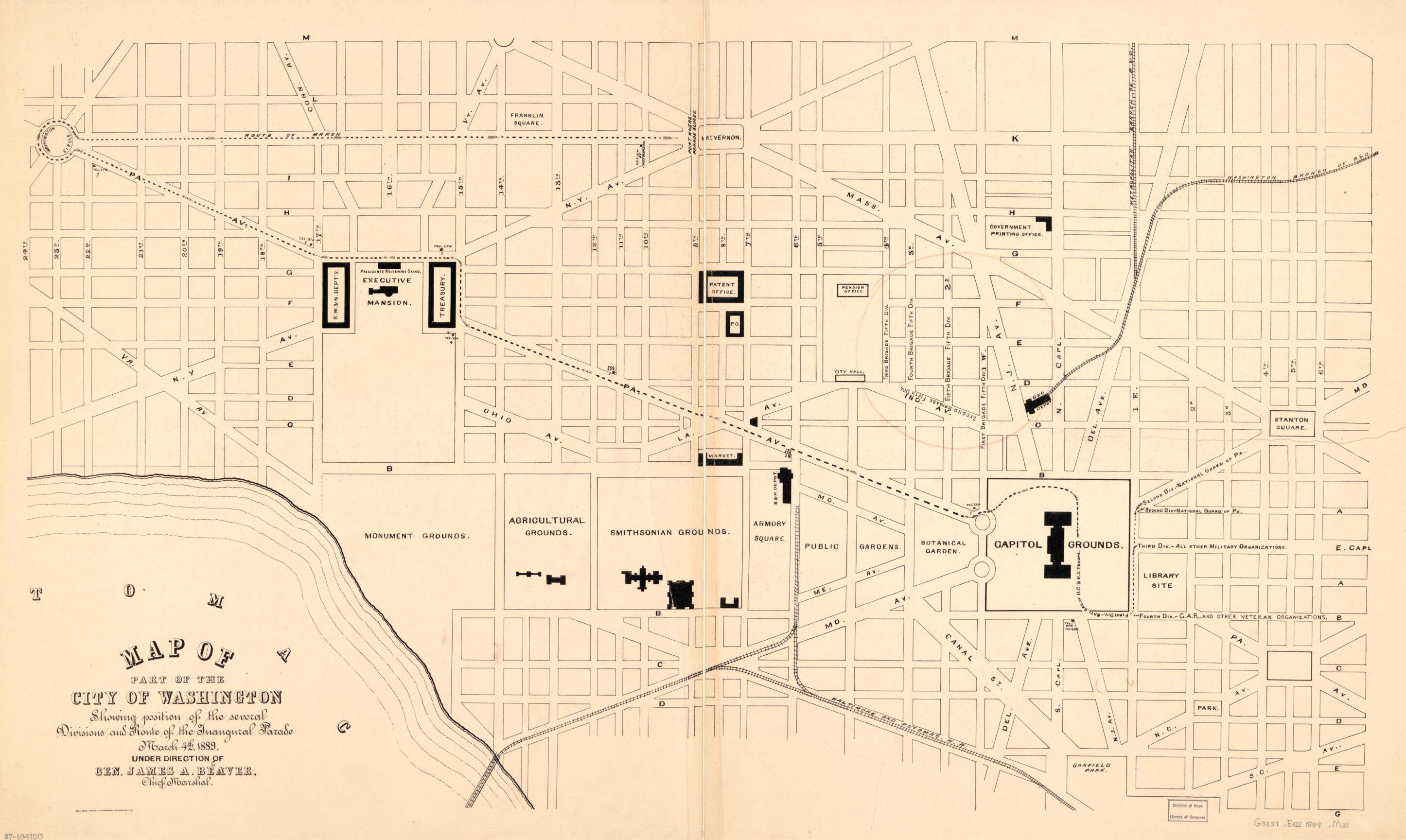 This old map of Map of Part of the City of Washington Showing Position of the Several Divisions and Route of the Inaugural Parade, March 4th from 1889 : Under Direction of Gen. James A. Beaver, Chief Marshal was created by James A. (James Addams) Beaver