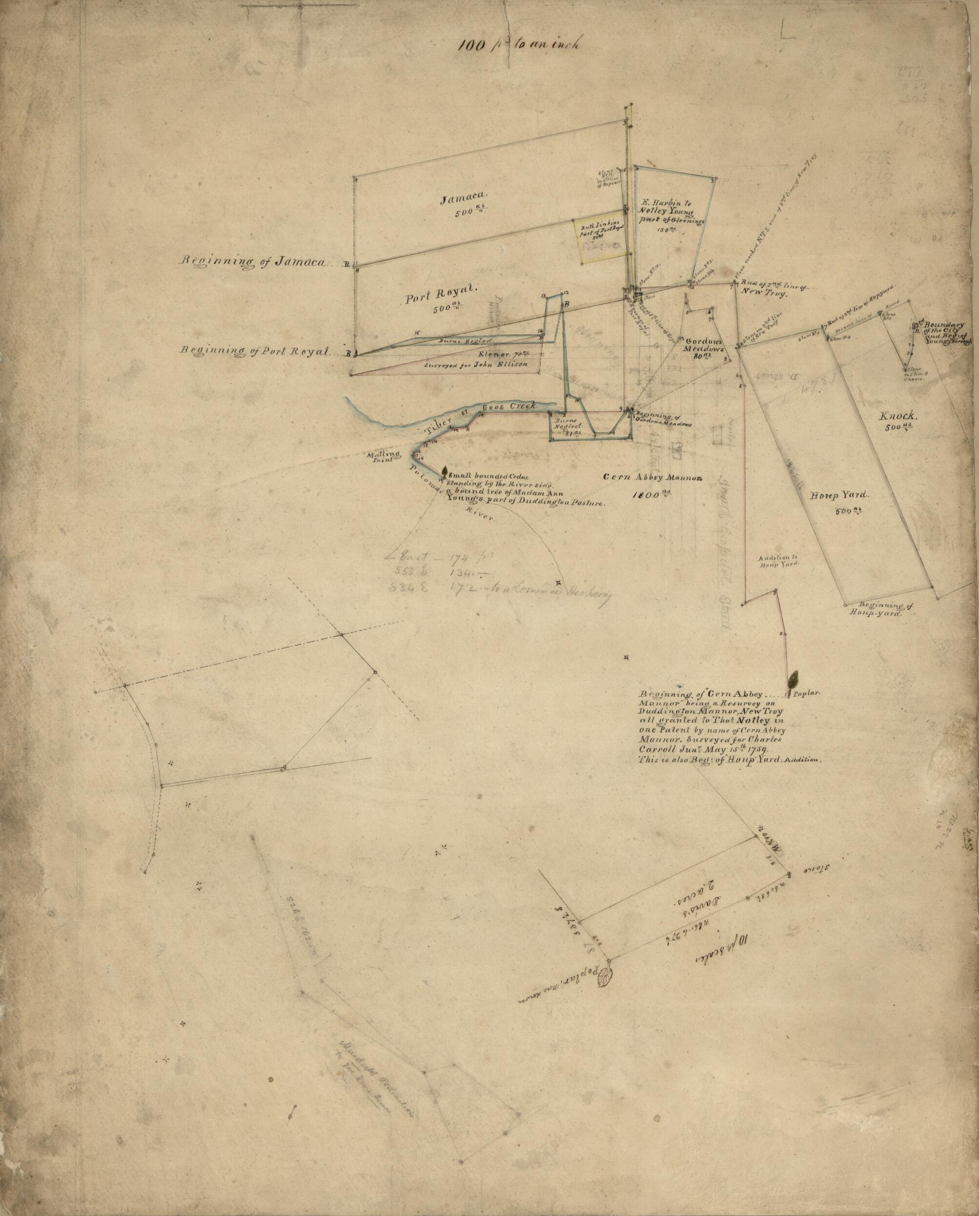 This old map of Property Survey of Tracts and Land Grants In Part of Maryland Near Tiber Creek, Now Central Washington D.C. from 1760 was created by in 1760