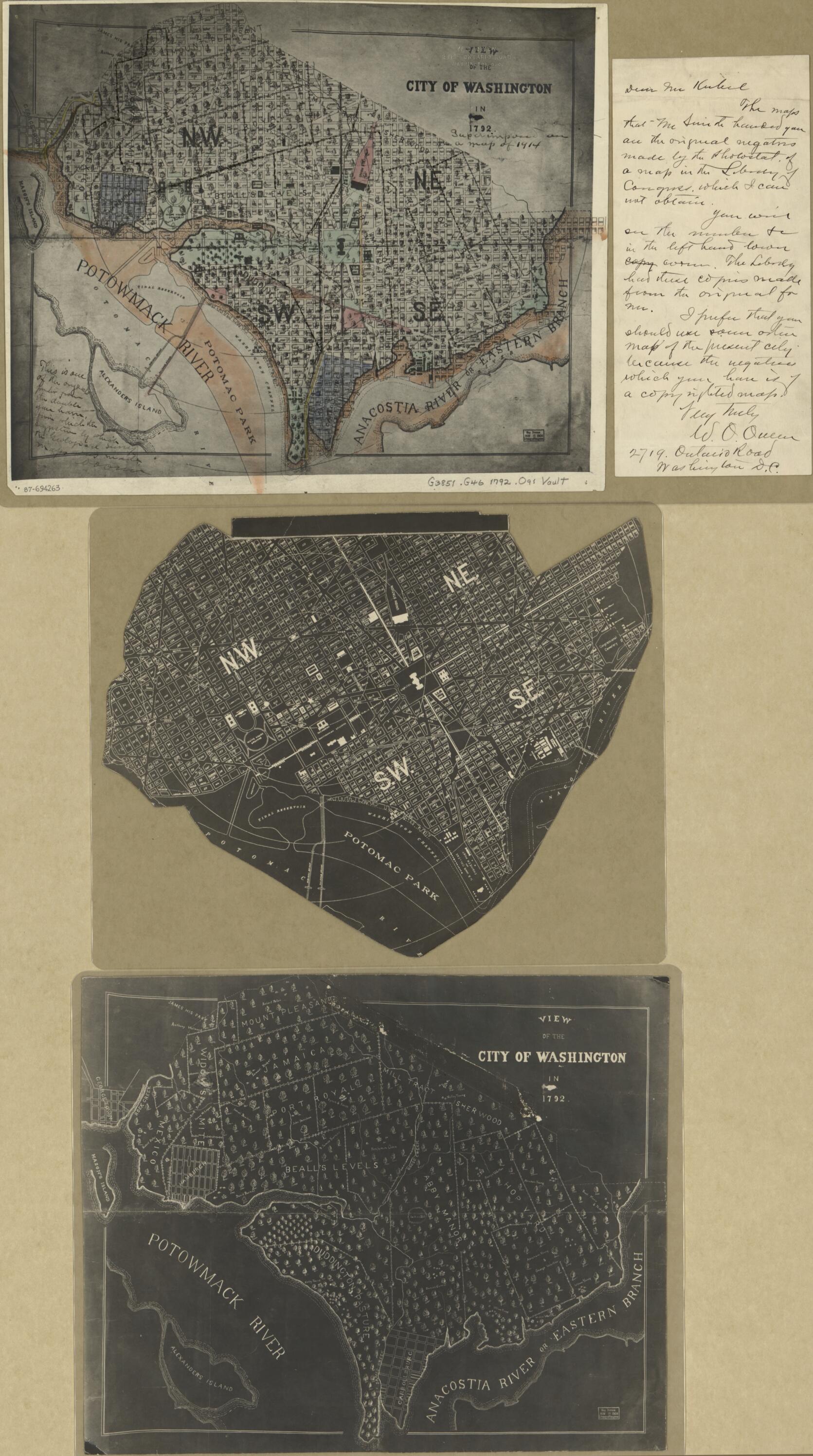 This old map of View of the City of Washington In from 1792 : Superimposed On a Map of 1914 was created by W. O. Owen in 1792