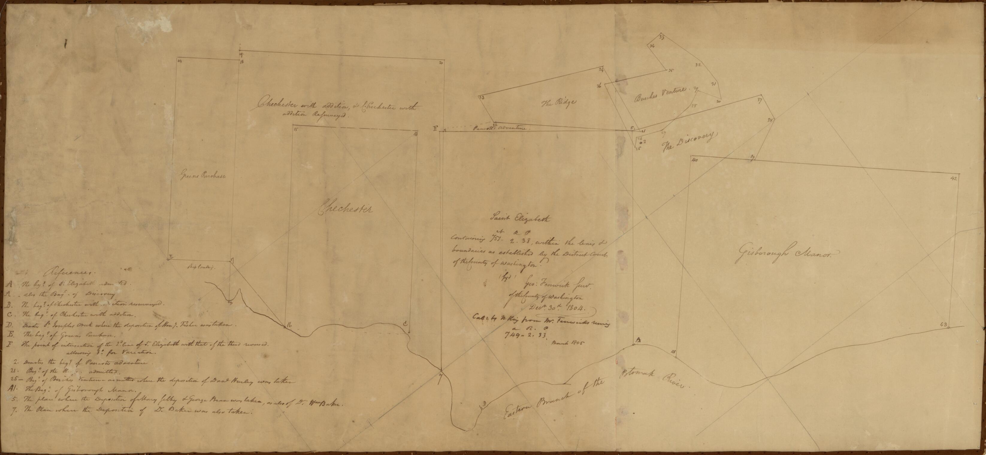 This old map of Survey Map of Land Tracts In Washington D.C. Along the Anacostia River from 1804 was created by George Fenwick, N. (Nicholas) King in 1804