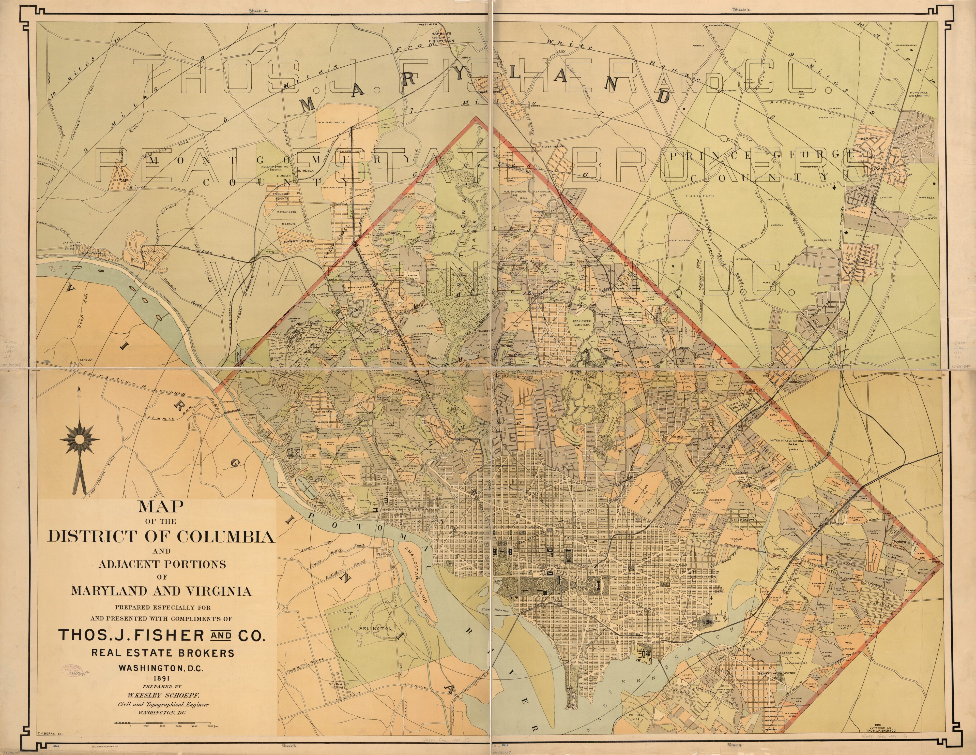 This old map of Map of the District of Columbia and Adjacent Portions of Maryland and Virginia from 1891 was created by E. H. Berry, W. Kesley Schoepf, Thos. J. Fisher and Co in 1891