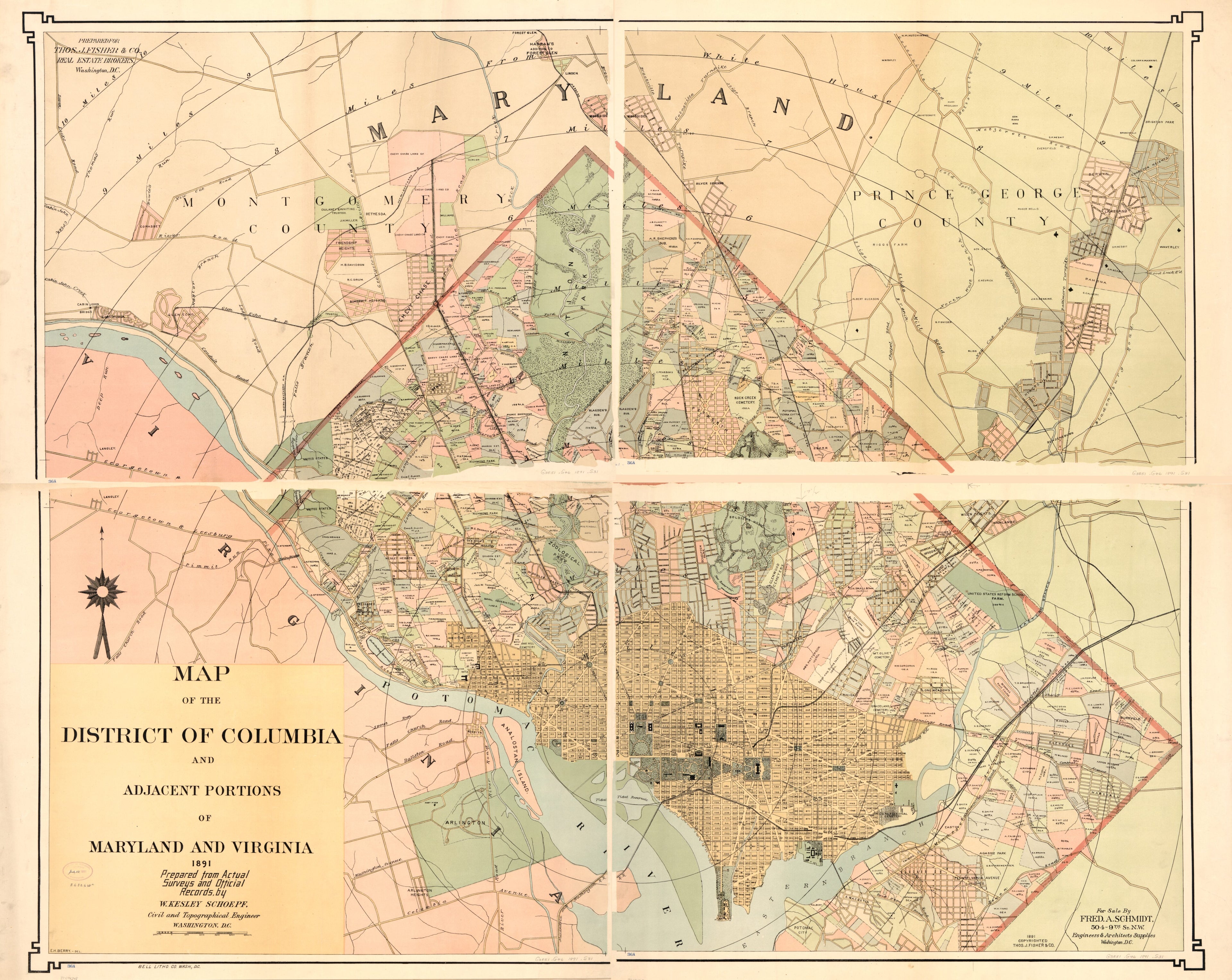 This old map of Map of the District of Columbia and Adjacent Portions of Maryland and Virginia from 1891 was created by E. H. Berry, Fred A. Schmidt, W. Kesley Schoepf, Thos. J. Fisher and Co in 1891