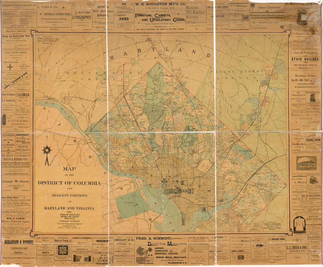 This old map of Map of the District of Columbia and Adjacent Portions of Maryland and Virginia from 1891 was created by E. H. Berry, Fred. A. Schmidt, W. Kesley Schoepf, Thos. J. Fisher and Co in 1891