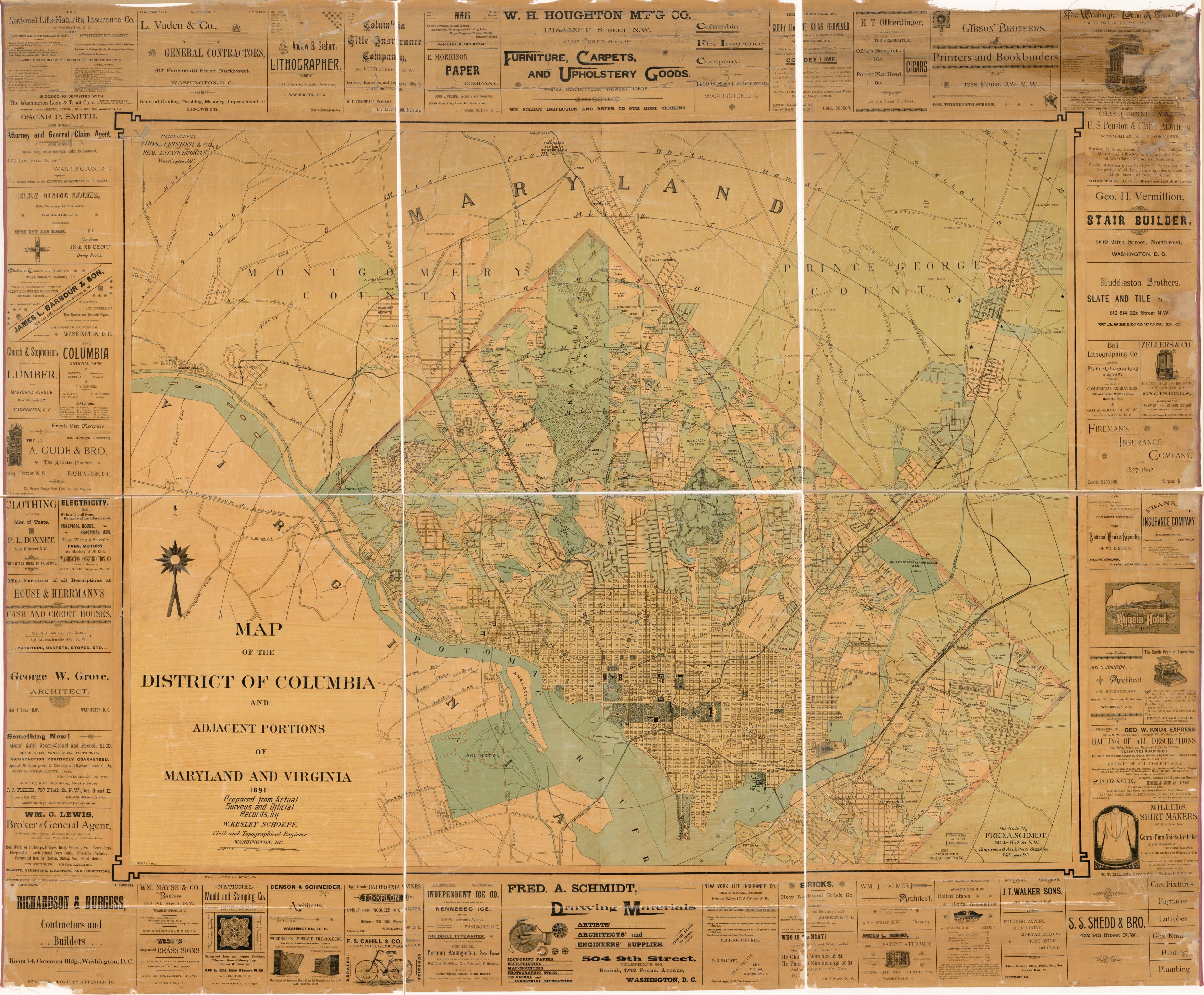 This old map of Map of the District of Columbia and Adjacent Portions of Maryland and Virginia from 1891 was created by E. H. Berry, Fred. A. Schmidt, W. Kesley Schoepf, Thos. J. Fisher and Co in 1891
