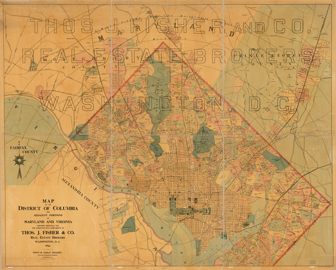 This old map of Map of the District of Columbia and Adjacent Portions of Maryland and Virginia from 1893 was created by Fred. A. Schmidt, W. Kesley Schoepf, Thos. J. Fisher and Co in 1893