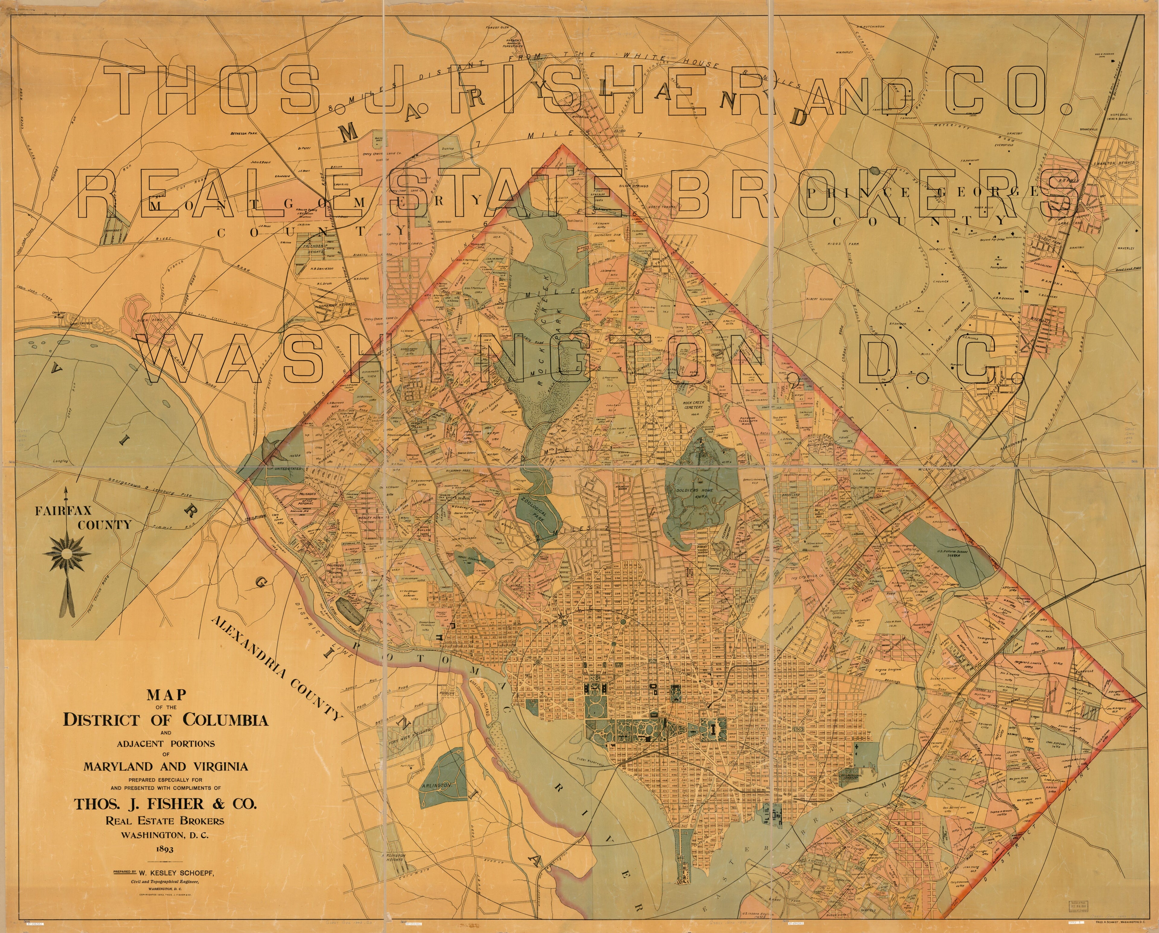 This old map of Map of the District of Columbia and Adjacent Portions of Maryland and Virginia from 1893 was created by Fred. A. Schmidt, W. Kesley Schoepf, Thos. J. Fisher and Co in 1893