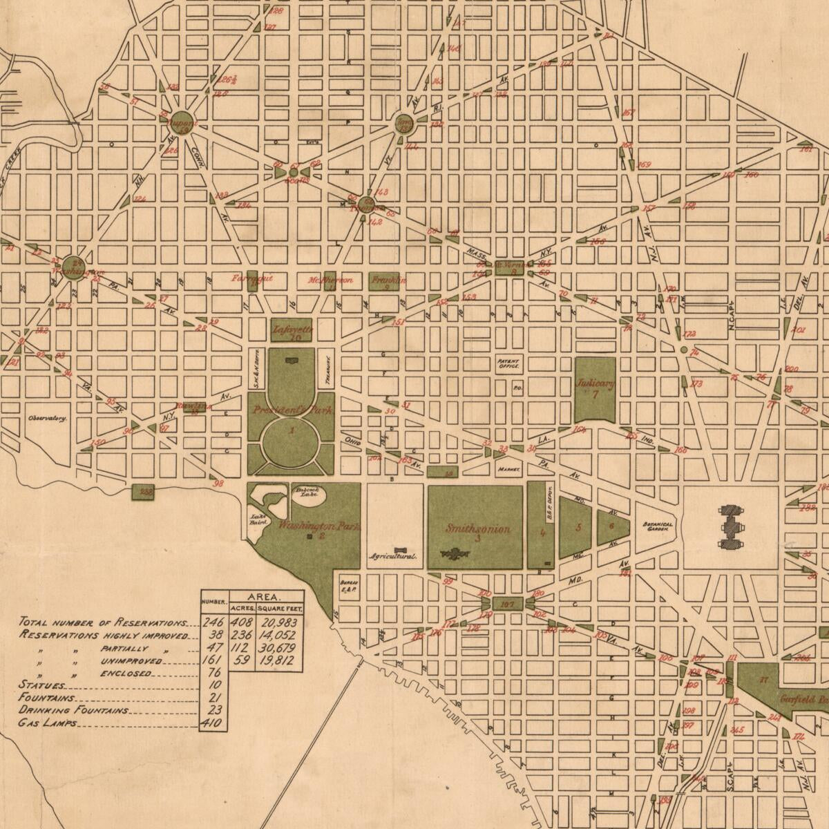 This old map of Map of the City of Washington Showing the Public Reservations Under Control of the Office of Public Buildings and Grounds from 1884 was created by  District of Columbia. Office of the Surveyor, William Forsyth, A. F. Rockwell,  United Sta