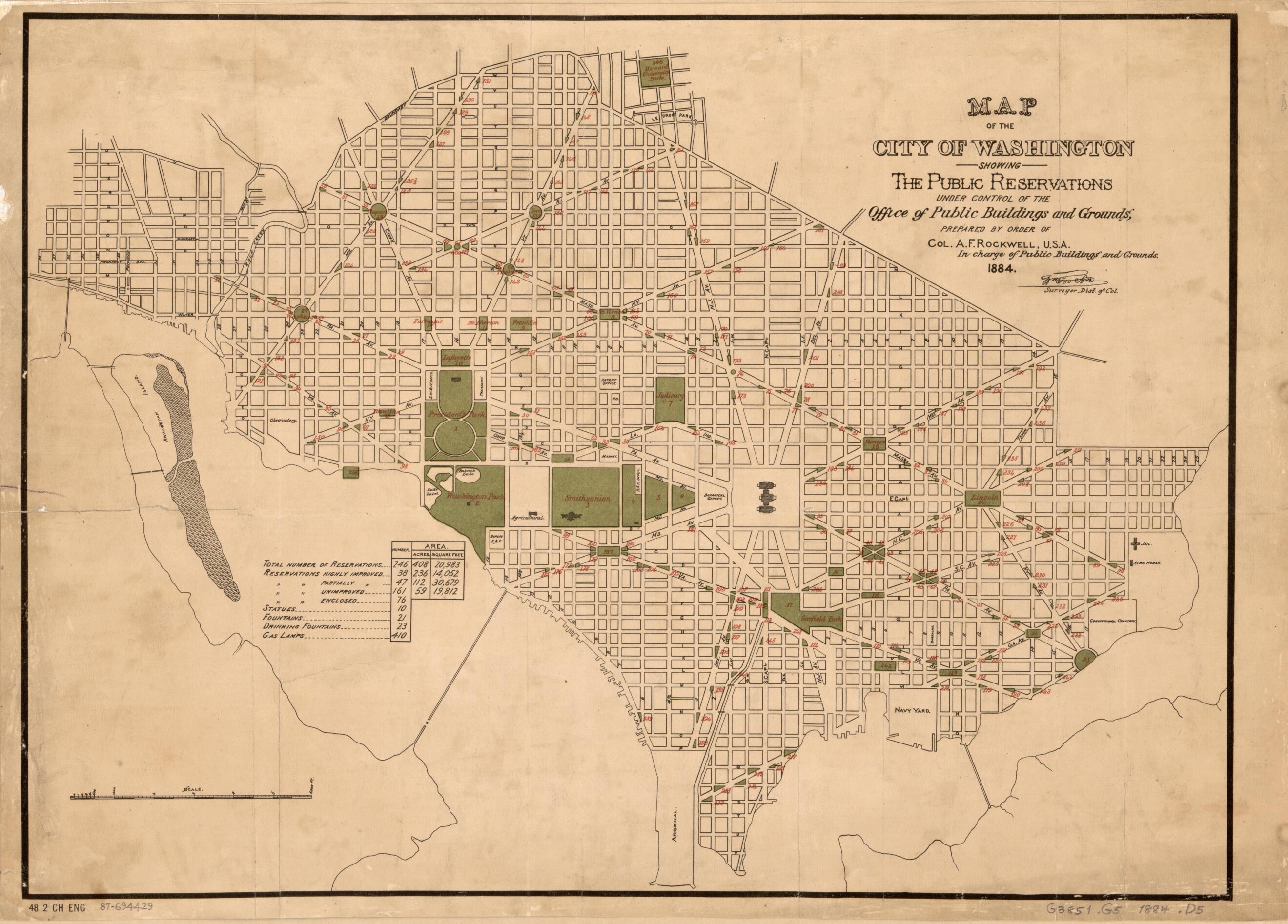 This old map of Map of the City of Washington Showing the Public Reservations Under Control of the Office of Public Buildings and Grounds from 1884 was created by District of Columbia. Office of the Surveyor, William Forsyth, A. F. Rockwell, United Sta