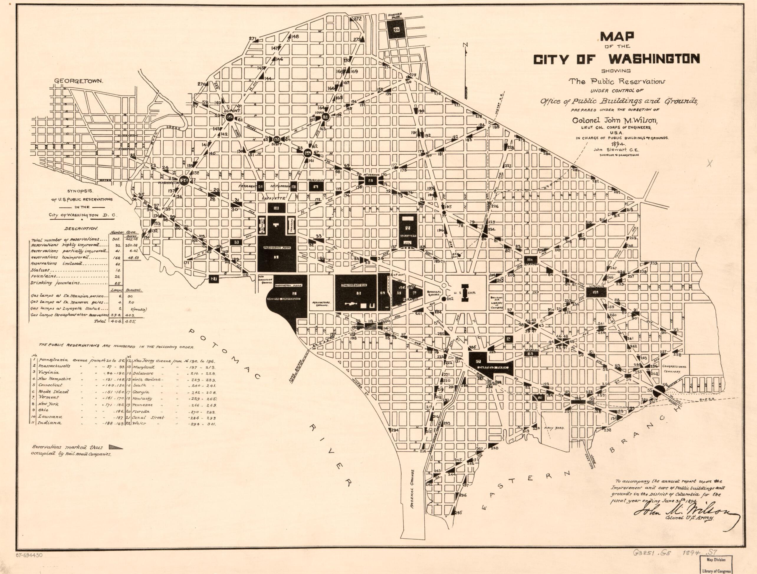 This old map of Map of the City of Washington Showing the Public Reservations Under Control of Office of Public Buildings and Grounds from 1894 was created by John Stewart, United States. Office of Public Buildings and Grounds, John M. (John Moulder) Wi