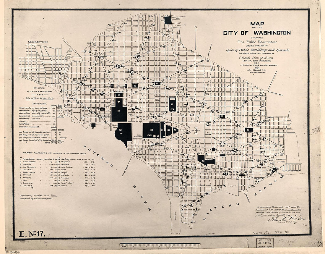 This old map of Map of the City of Washington Showing the Public Reservations Under Control of Office of Public Buildings and Grounds from 1894 was created by John Stewart, United States. Office of Public Buildings and Grounds, John M. (John Moulder) Wi