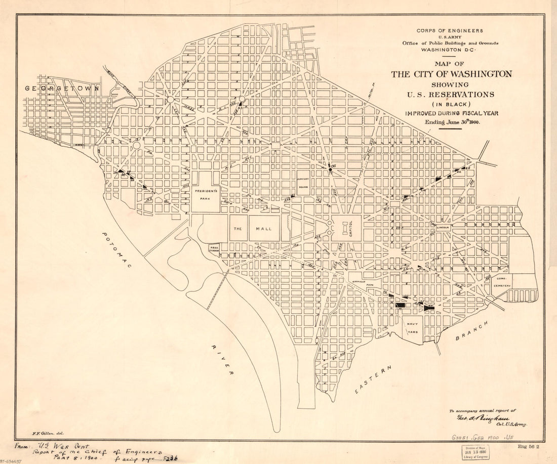 This old map of Map of the City of Washington Showing U.S. Reservations : (in Black) Improved During Fiscal Year Ending June 30th from 1900 was created by Theo. A. (Theodore Alfred) Bingham, F. F. Gillen, United States. Office of Public Buildings and Gr
