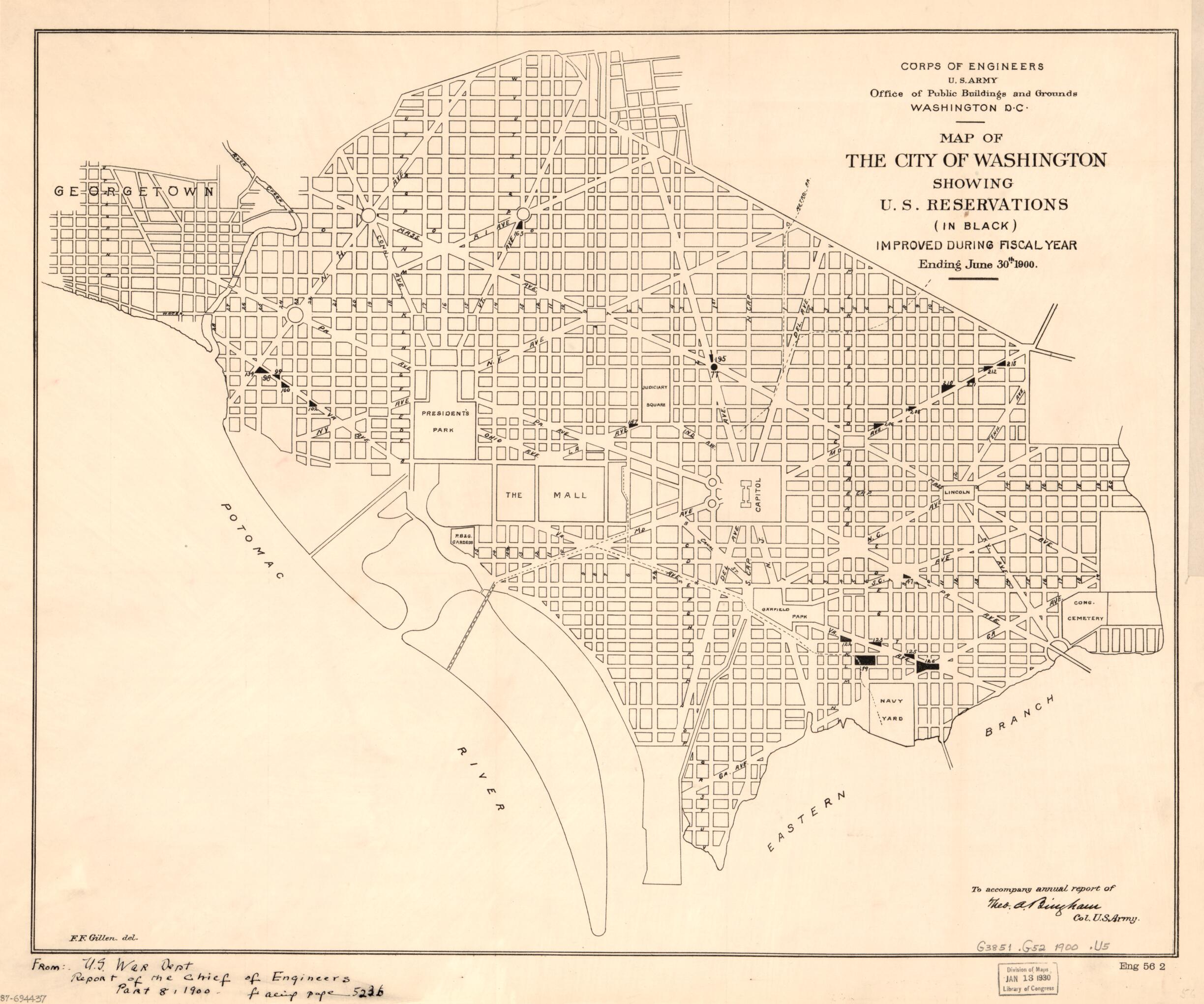 This old map of Map of the City of Washington Showing U.S. Reservations : (in Black) Improved During Fiscal Year Ending June 30th from 1900 was created by Theo. A. (Theodore Alfred) Bingham, F. F. Gillen, United States. Office of Public Buildings and Gr