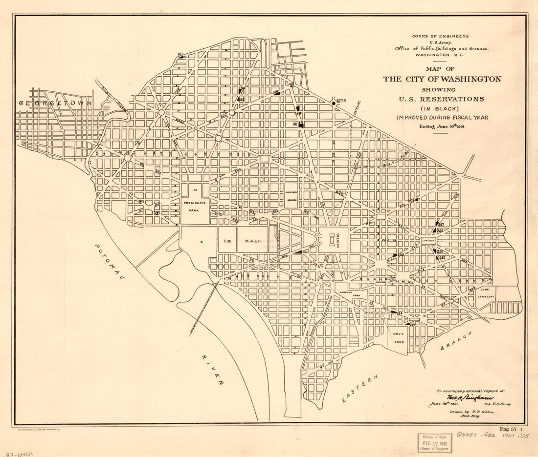 This old map of Map of the City of Washington Showing U.S. Reservations : (in Black) Improved During Fiscal Year Ending June 30th from 1901 was created by Theo. A. (Theodore Alfred) Bingham, F. F. Gillen, United States. Office of Public Buildings and Gr