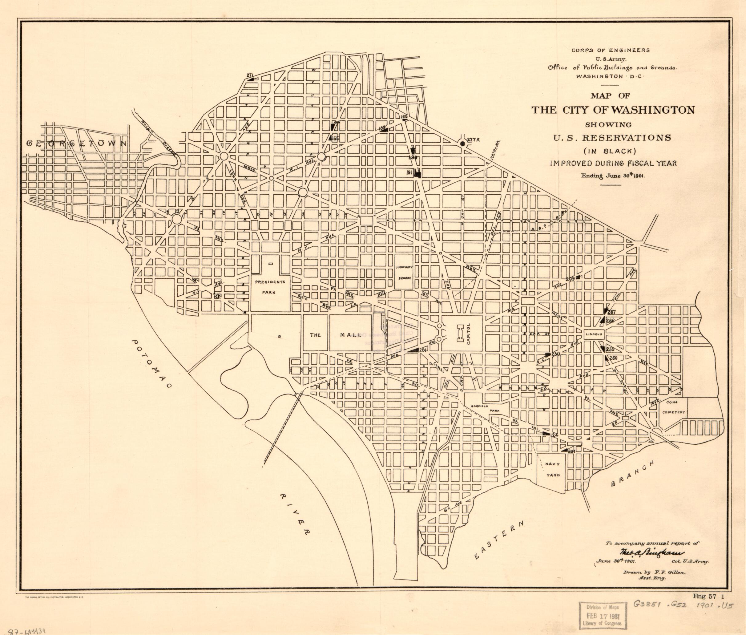 This old map of Map of the City of Washington Showing U.S. Reservations : (in Black) Improved During Fiscal Year Ending June 30th from 1901 was created by Theo. A. (Theodore Alfred) Bingham, F. F. Gillen, United States. Office of Public Buildings and Gr