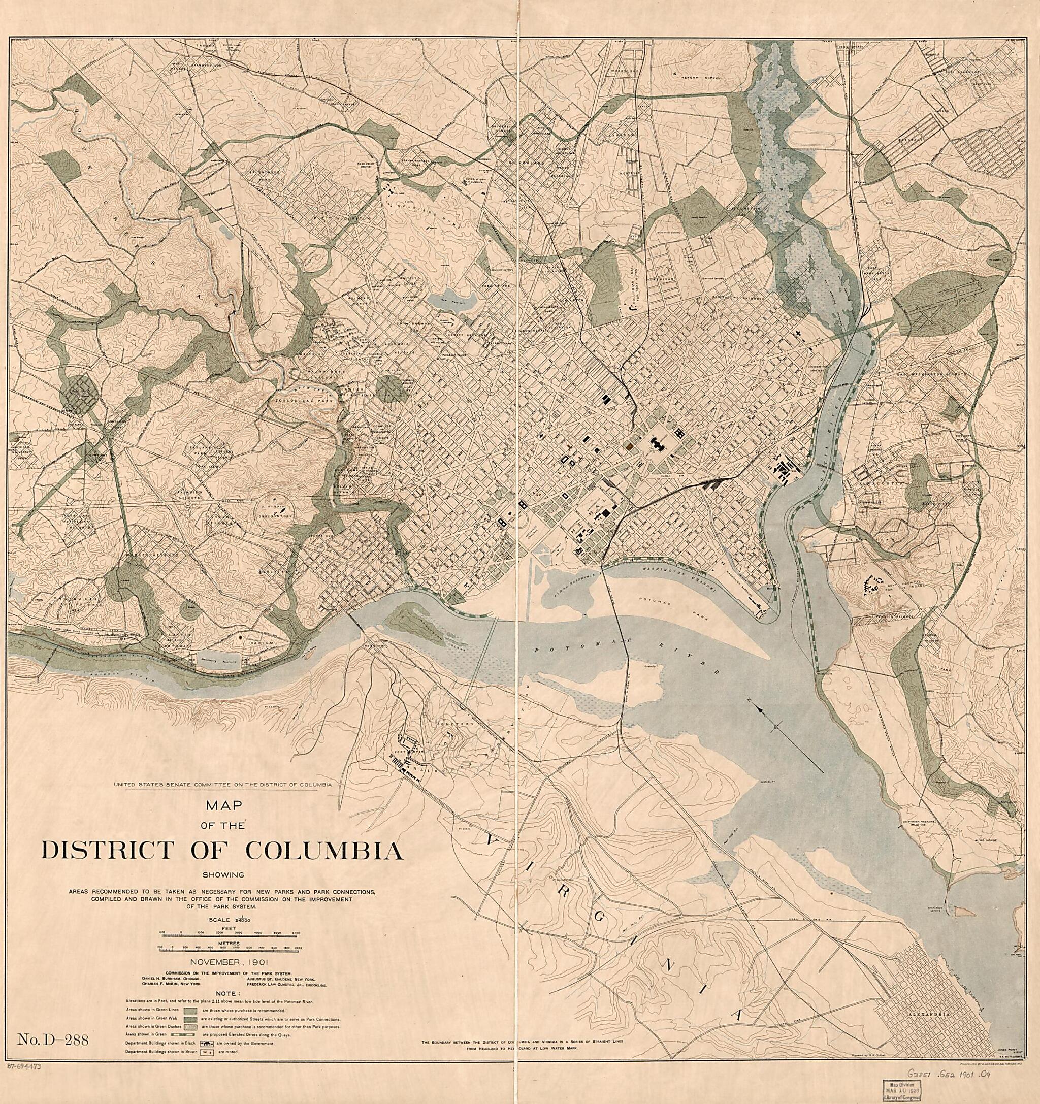 This old map of Map of the District of Columbia Showing Areas Recommended to Be Taken As Necessary for New Parks and Park Connections from 1901 was created by District of Columbia. Commission on the Improvement of the Park System, R. A. Outhet, United