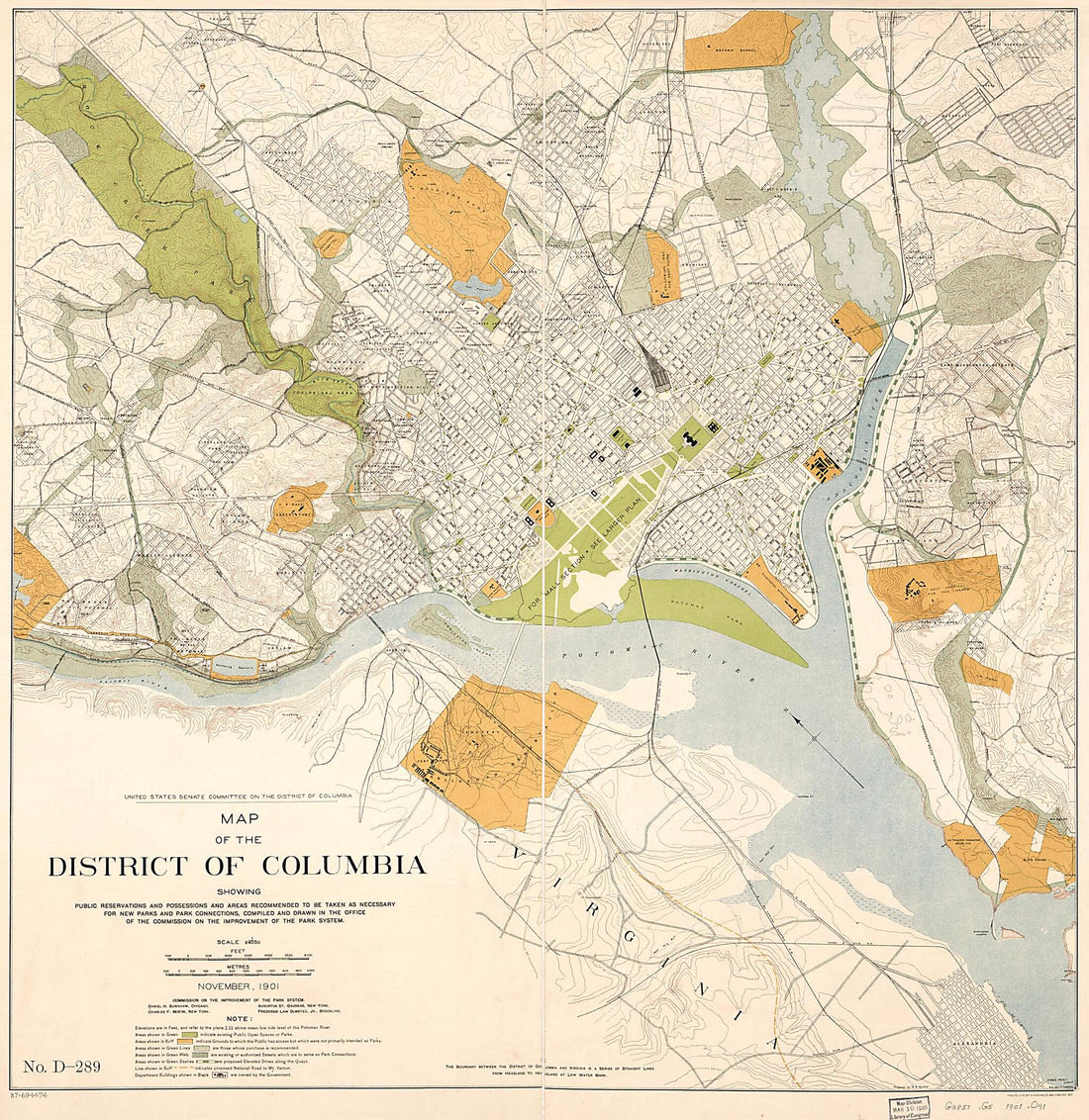 This old map of Map of the District of Columbia Showing Public Reservations and Possessions and Areas Recommended to Be Taken As Necessary for New Parks and Park Connections from 1901 was created by District of Columbia. Commission on the Improvement of