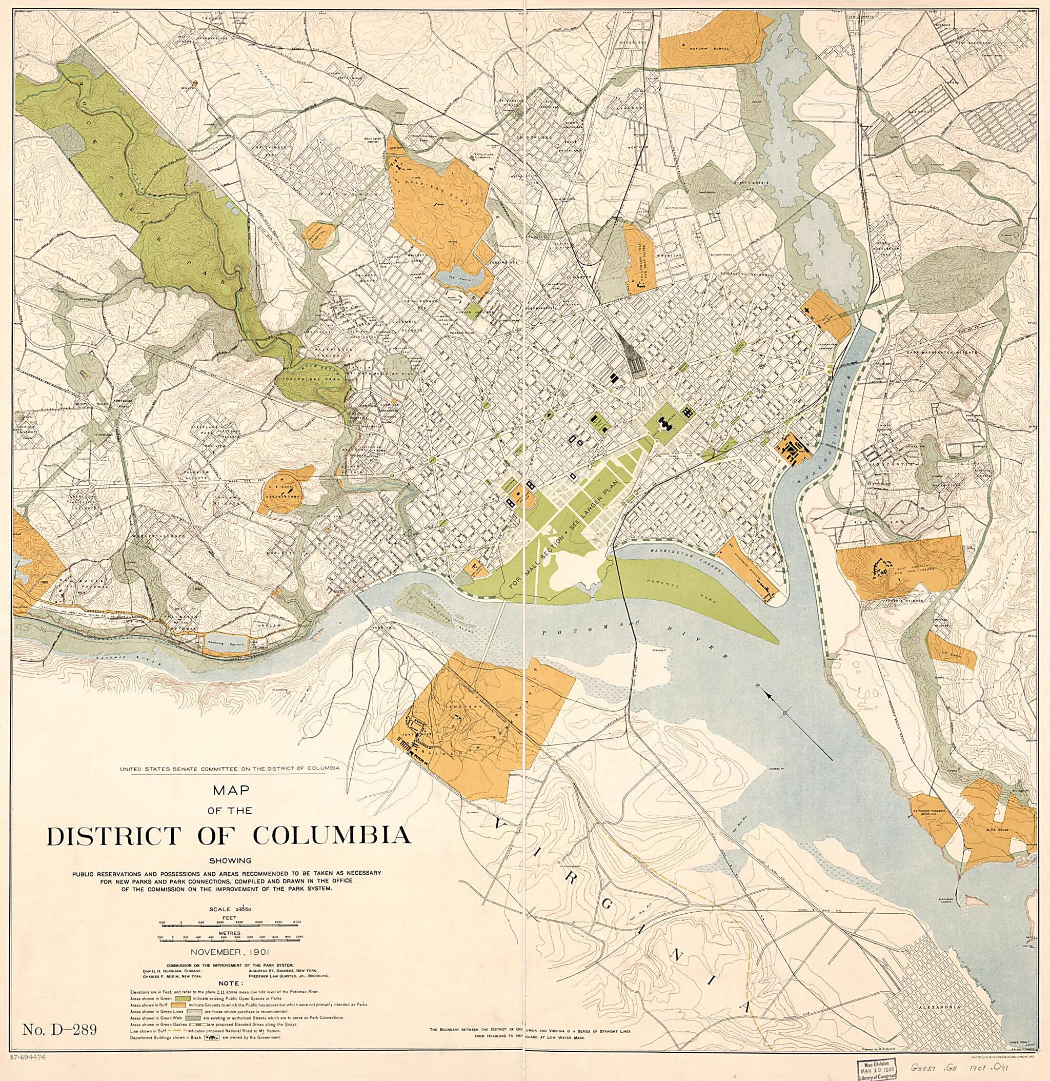 This old map of Map of the District of Columbia Showing Public Reservations and Possessions and Areas Recommended to Be Taken As Necessary for New Parks and Park Connections from 1901 was created by District of Columbia. Commission on the Improvement of