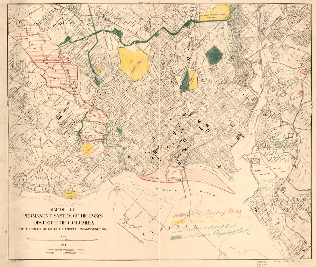 This old map of Map of the Permanent System of Highways, District of Columbia from 1914 was created by Office of the Engineer Commissioner D.C. in 1914