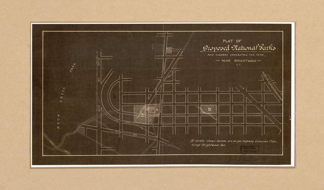 This old map of Plat of Proposed National Parks and Highway Connecting the Same Near Brightwood D.C from 1900 was created by in 1900