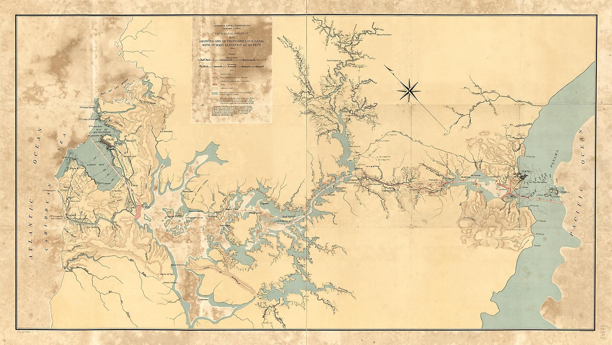 This old map of Map Showing Line of Proposed Lock Canal With Summit Elevation at 85 Feet : Panama Canal from 1906 was created by Isthmian Canal Commission (U.S.). Lock Canal Project in 1906