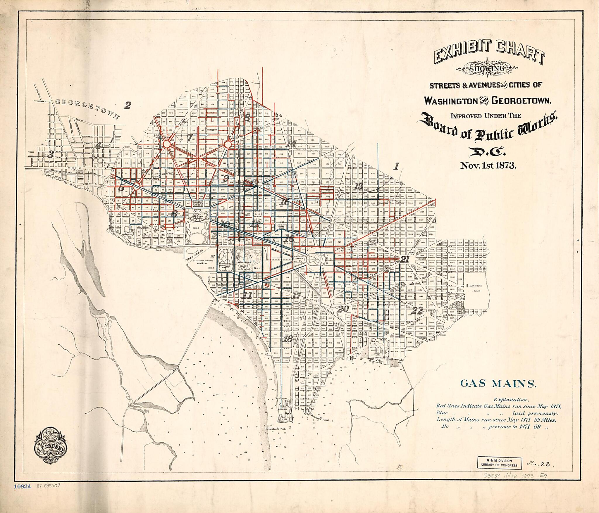 This old map of Exhibit Chart Showing Streets & Avenues of the Cities of Washington and Georgetown, Improved Under the Board of Public Works, D.C. : Nov. 1st from 1873 : Gas Mains was created by District of Columbia. Board of Public Works, J. F. Gedney